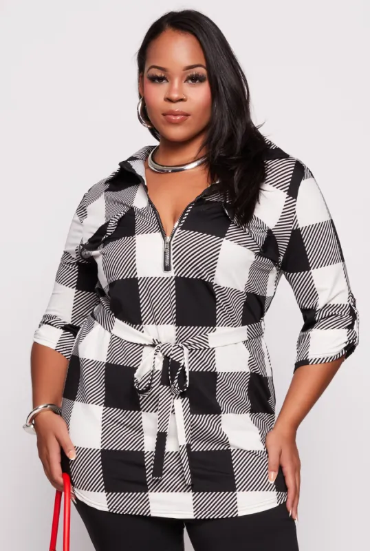 Plus Size Buffalo Plaid Half Zip Tunic Top sold by Rainbow