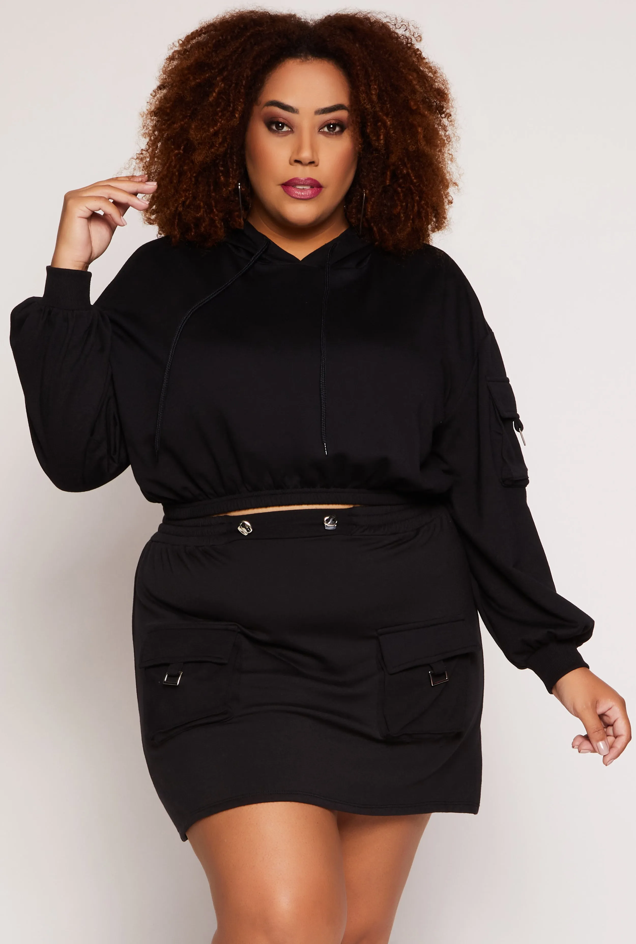 Plus Size Almost Famous Cargo Pocket Sleeve Cropped Hoodie sold by Rainbow