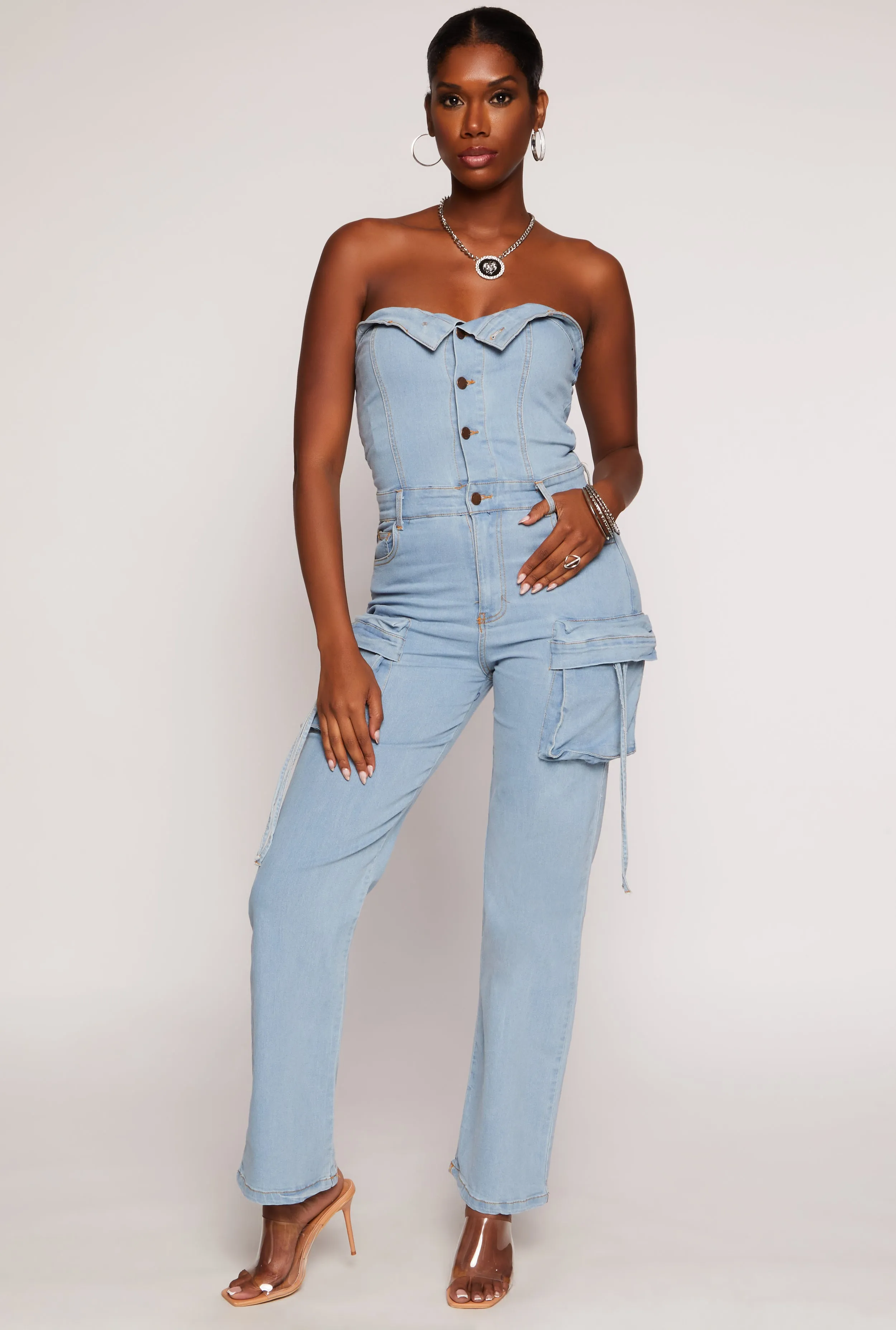 Daisy Denim Cargo Strapless Jumpsuit sold by Rainbow