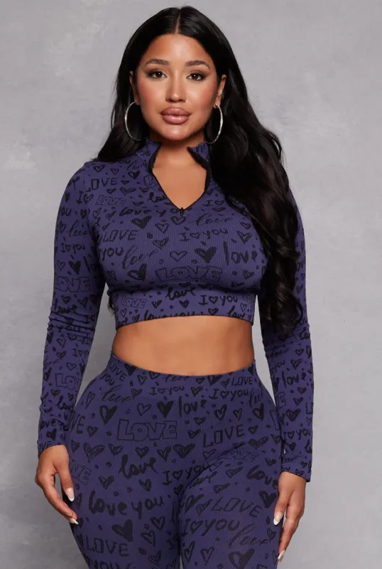 Love Print Seamless Zip Neck Crop Top sold by Rainbow