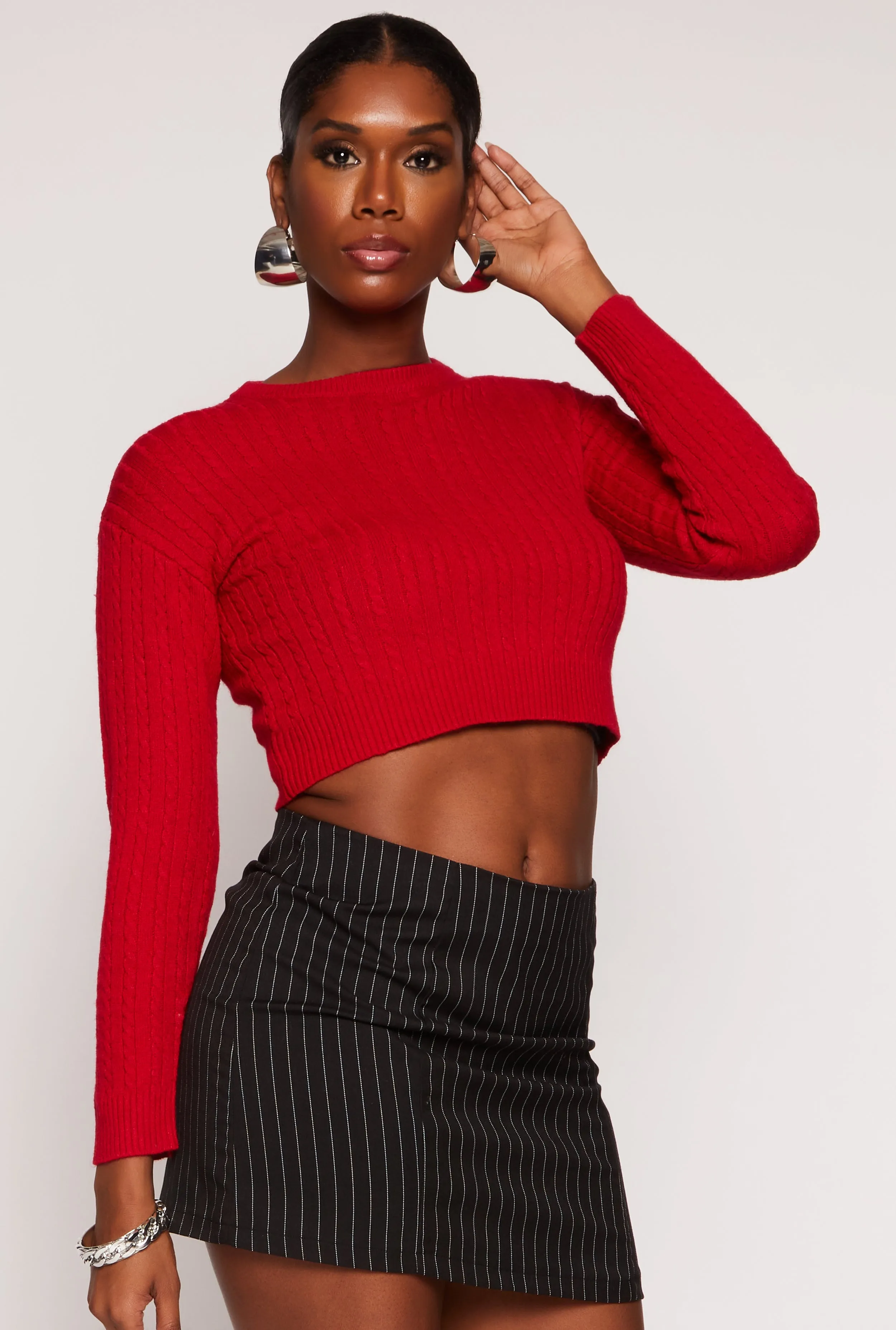 Cable Knit Crew Neck Cropped Sweater sold by Rainbow