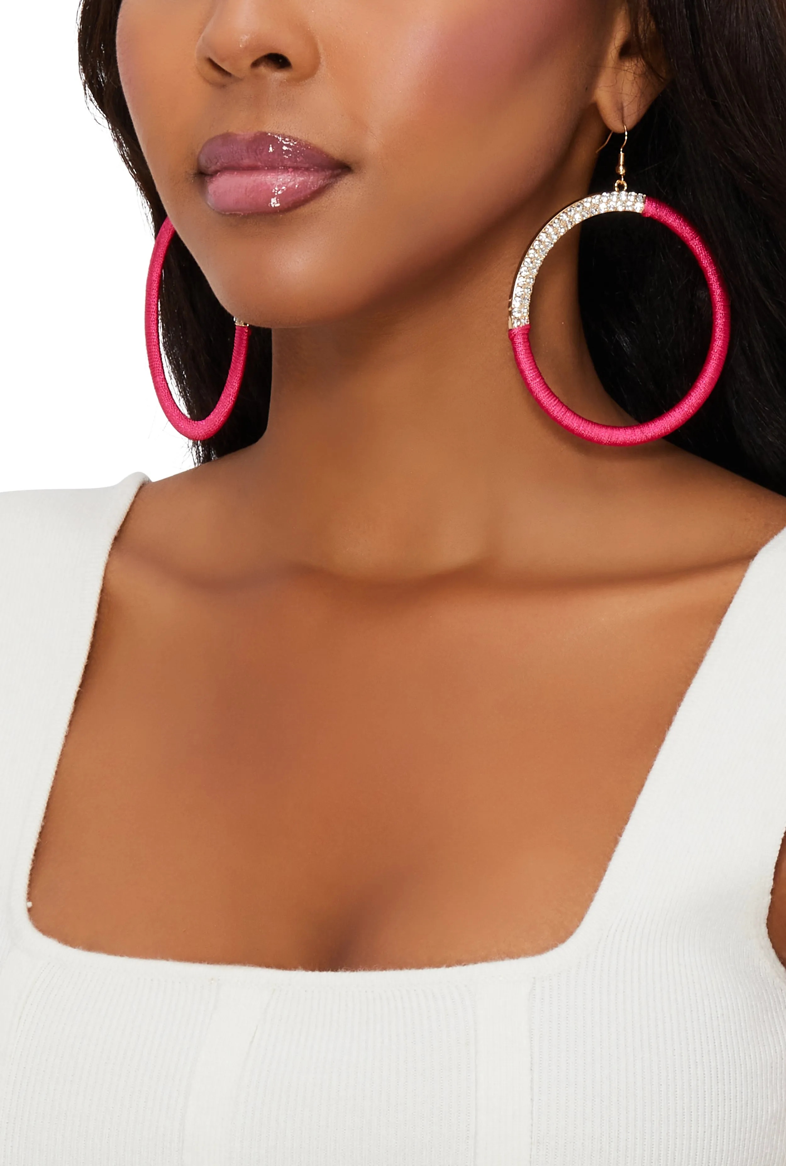 Thread Wrapped Rhinestone Hoop Earrings sold by Rainbow