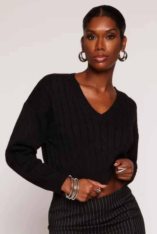 Cable Knit V Neck Cropped Sweater sold by Rainbow