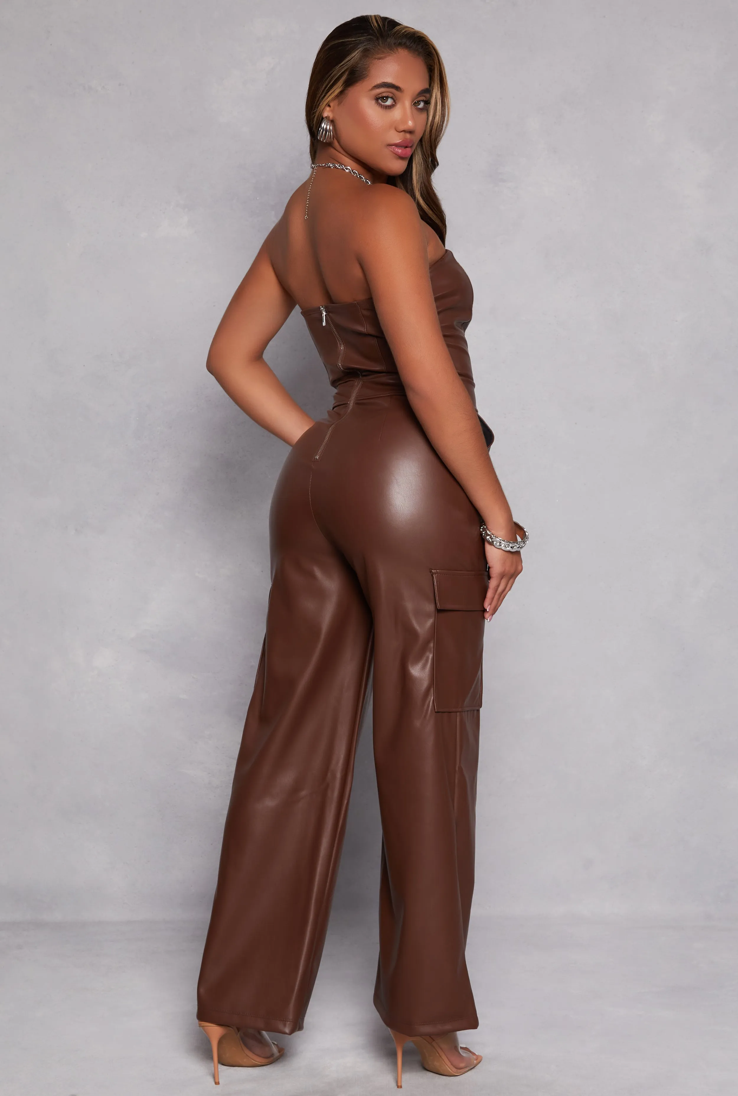 Faux Leather Strapless Cargo Jumpsuit sold by Rainbow product image thumbnail 3