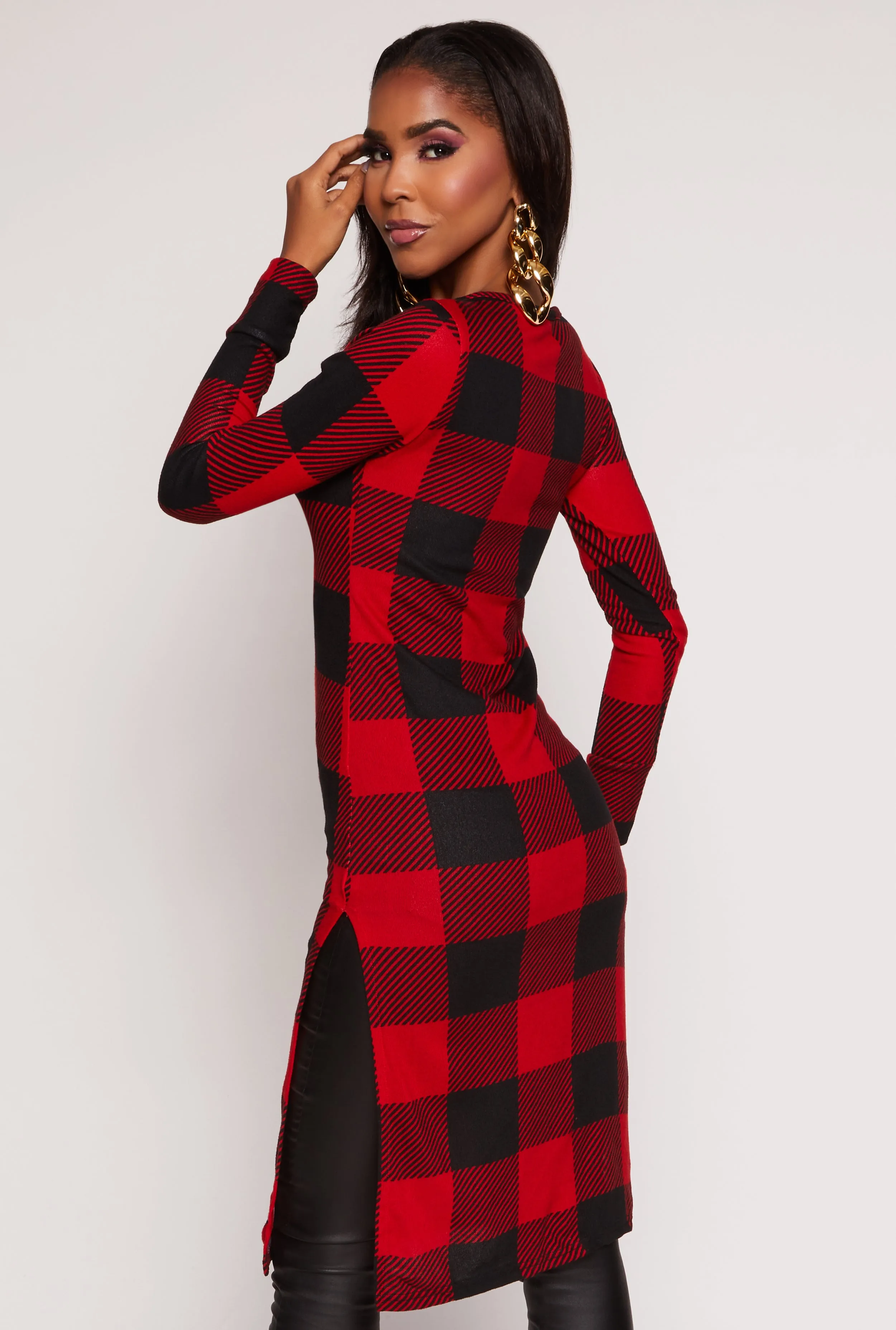 Plaid Side Slit Long Sleeve Tunic Top sold by Rainbow product image thumbnail 3