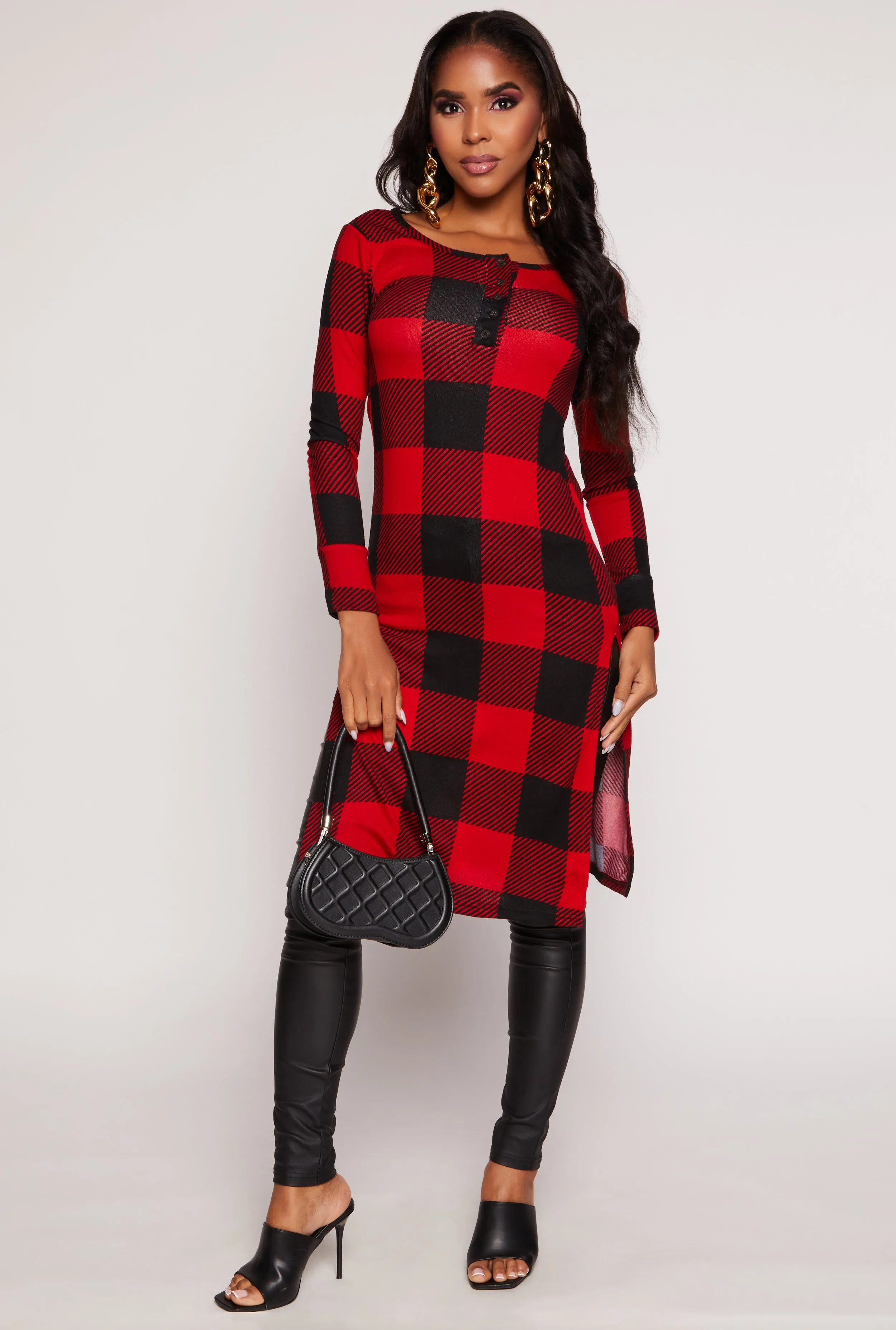 Plaid Side Slit Long Sleeve Tunic Top sold by Rainbow product image thumbnail 2