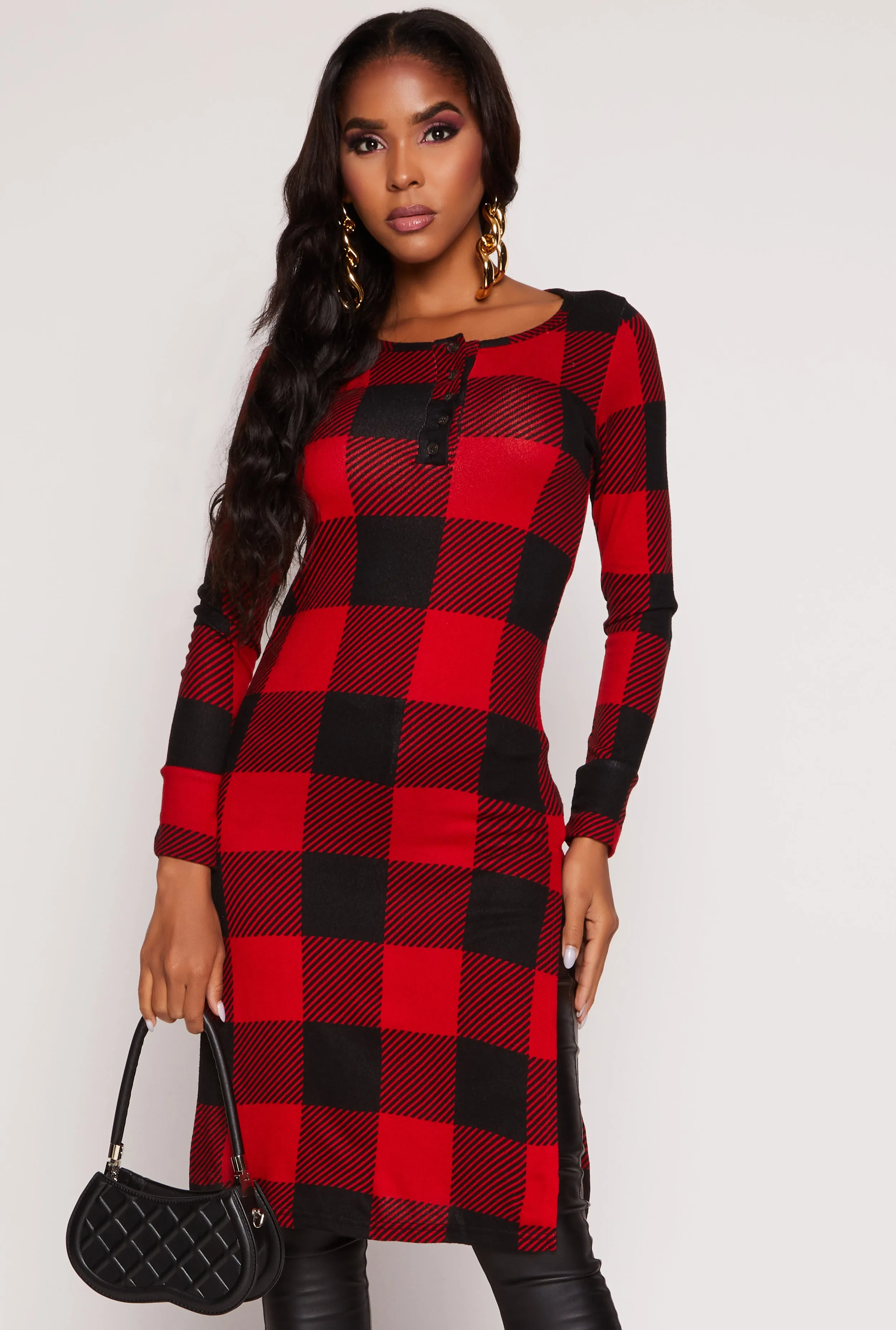 Plaid Side Slit Long Sleeve Tunic Top sold by Rainbow