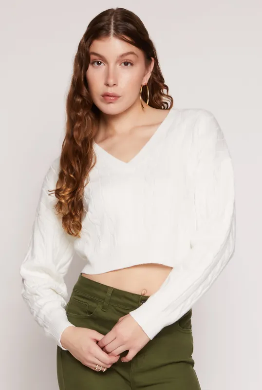 Cable Knit V Neck Cropped Sweater sold by Rainbow