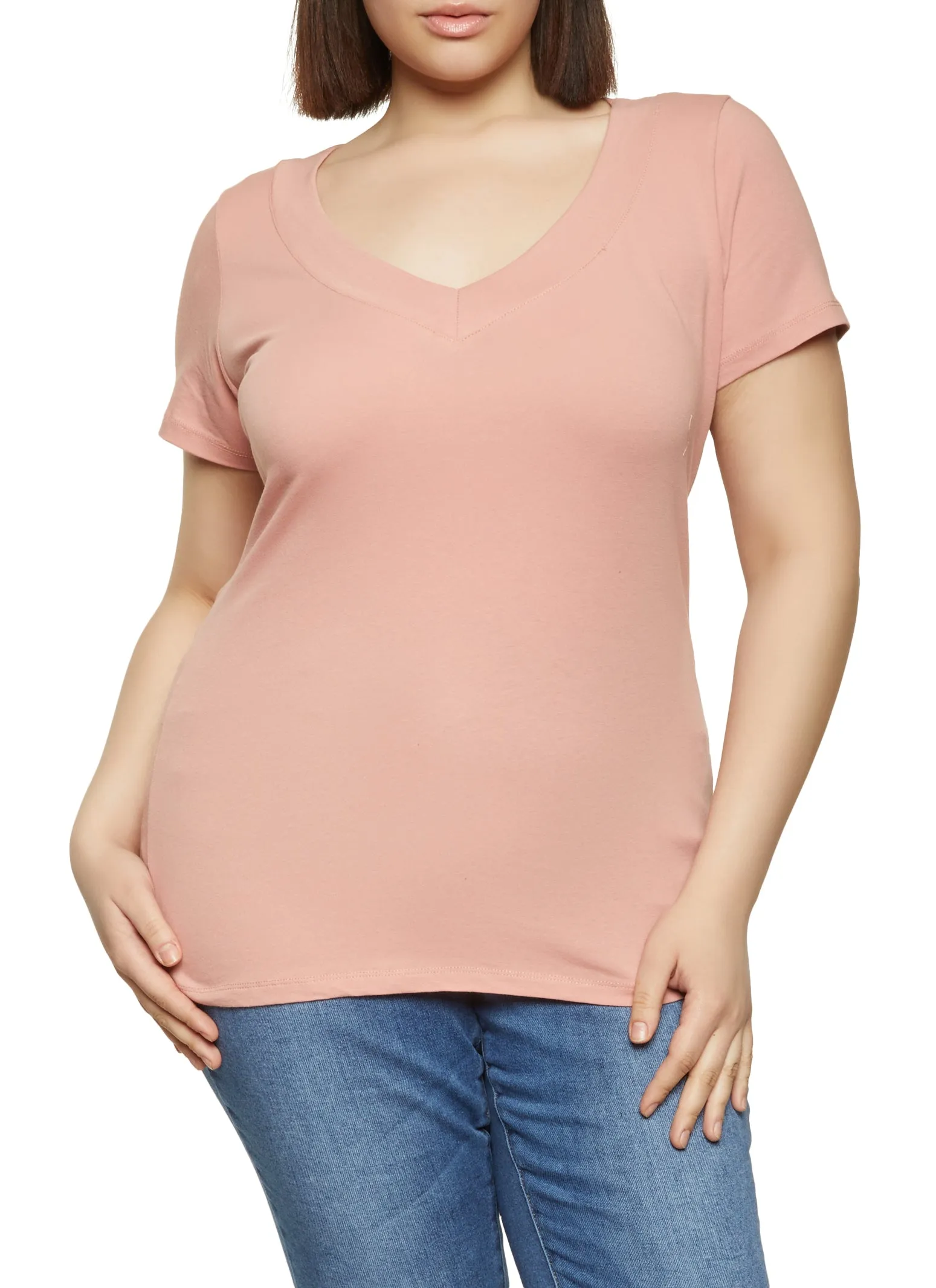Plus Size Solid Basic V Neck Tee sold by Rainbow