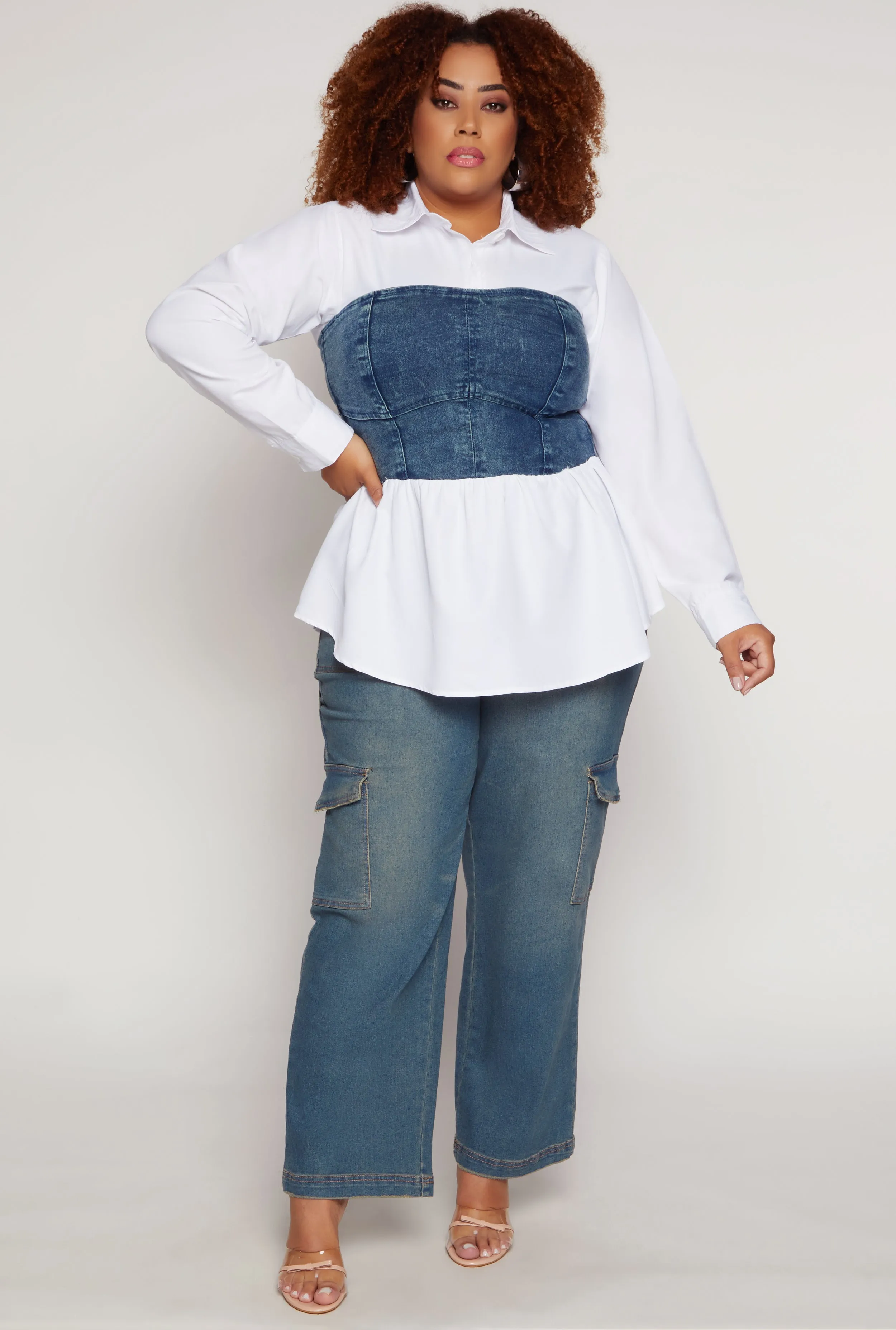 Plus Size Denim Corset Detail Long Sleeve Shirt sold by Rainbow product image thumbnail 2
