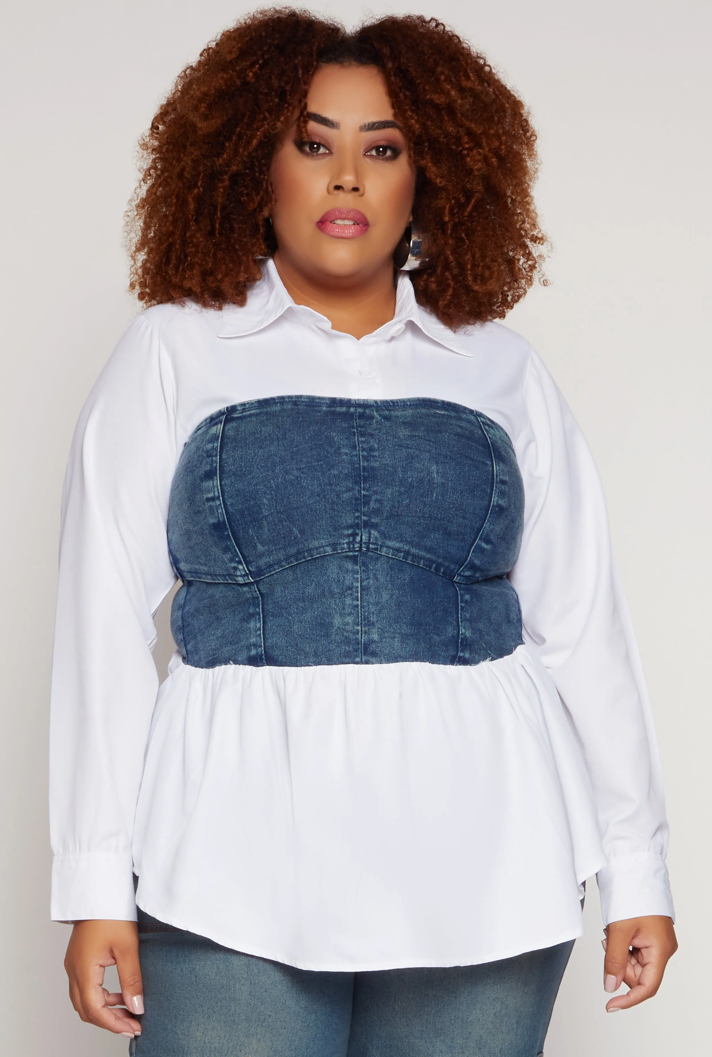 Plus Size Denim Corset Detail Long Sleeve Shirt sold by Rainbow