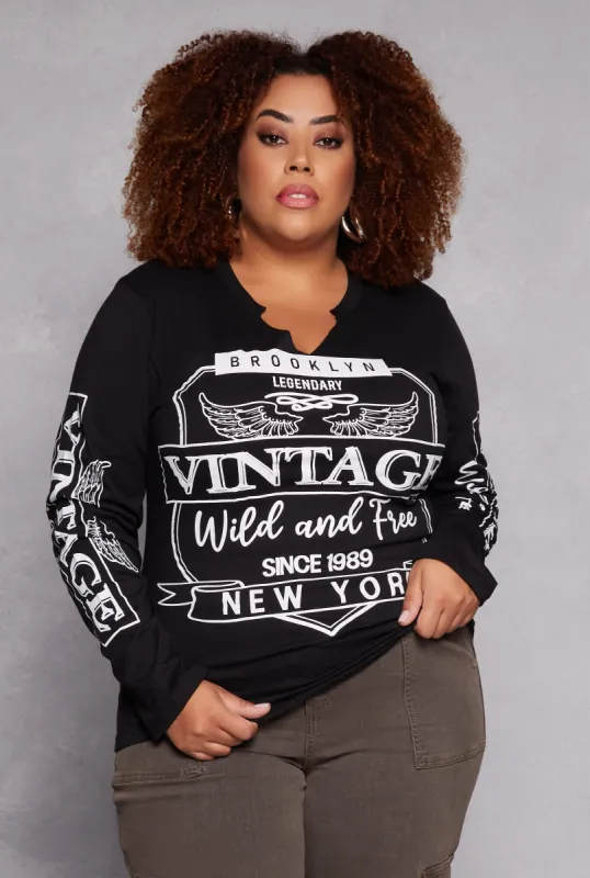 Plus Size Brooklyn Vintage Graphic Long Sleeve Top sold by Rainbow