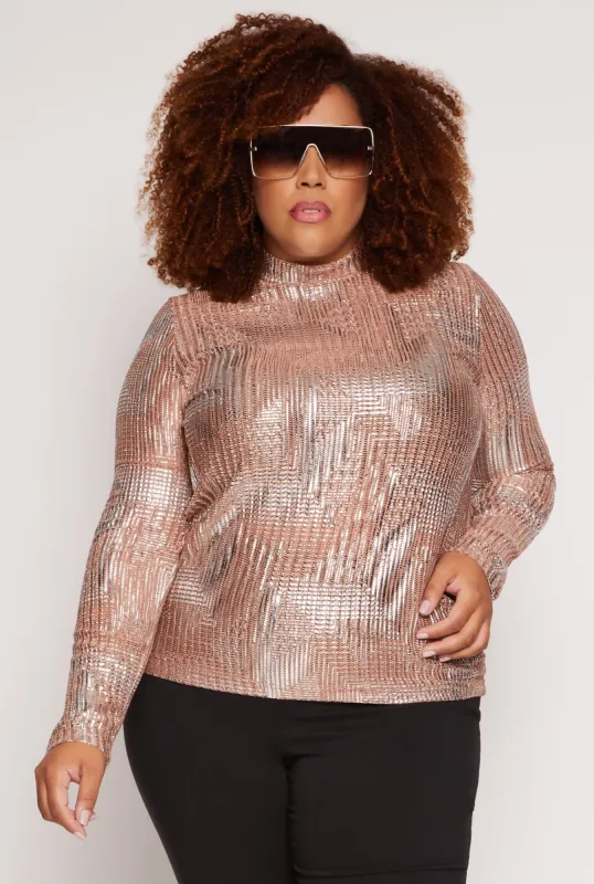 Plus Size Foil Screen Mock Neck Long Sleeve Top sold by Rainbow