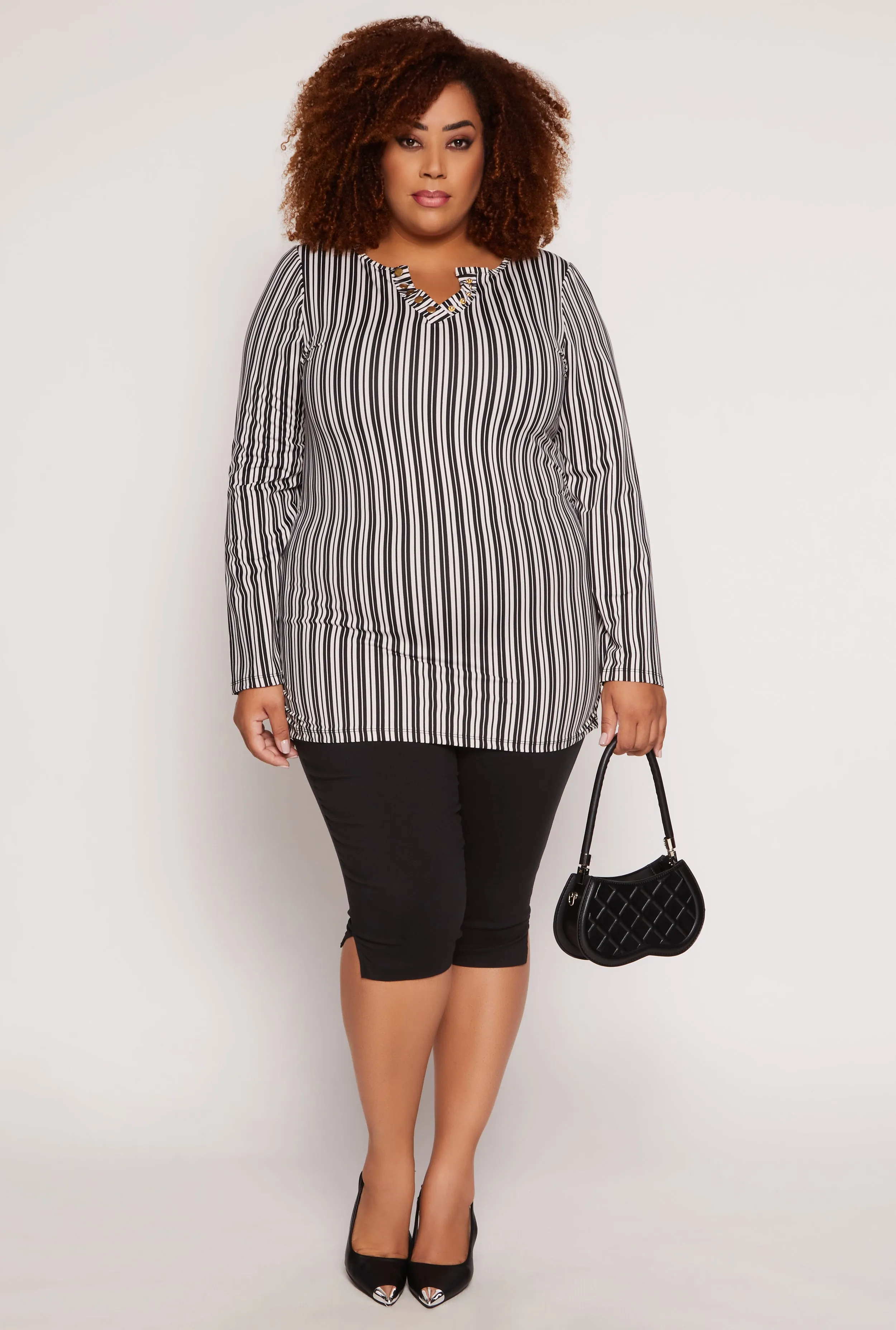 Plus Size Striped Snap Button Notch Neck Top sold by Rainbow product image thumbnail 2