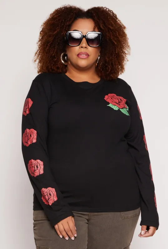 Plus Size Rose Graphic Long Sleeve Top sold by Rainbow