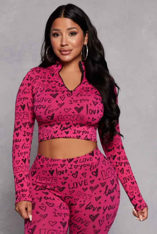 Love Print Seamless Zip Neck Crop Top sold by Rainbow