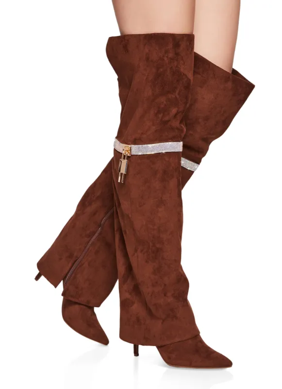 Rhinestone Lock Fold Over the Knee Boots sold by Rainbow