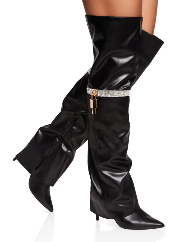 Rhinestone Lock Fold Over the Knee Boots sold by Rainbow