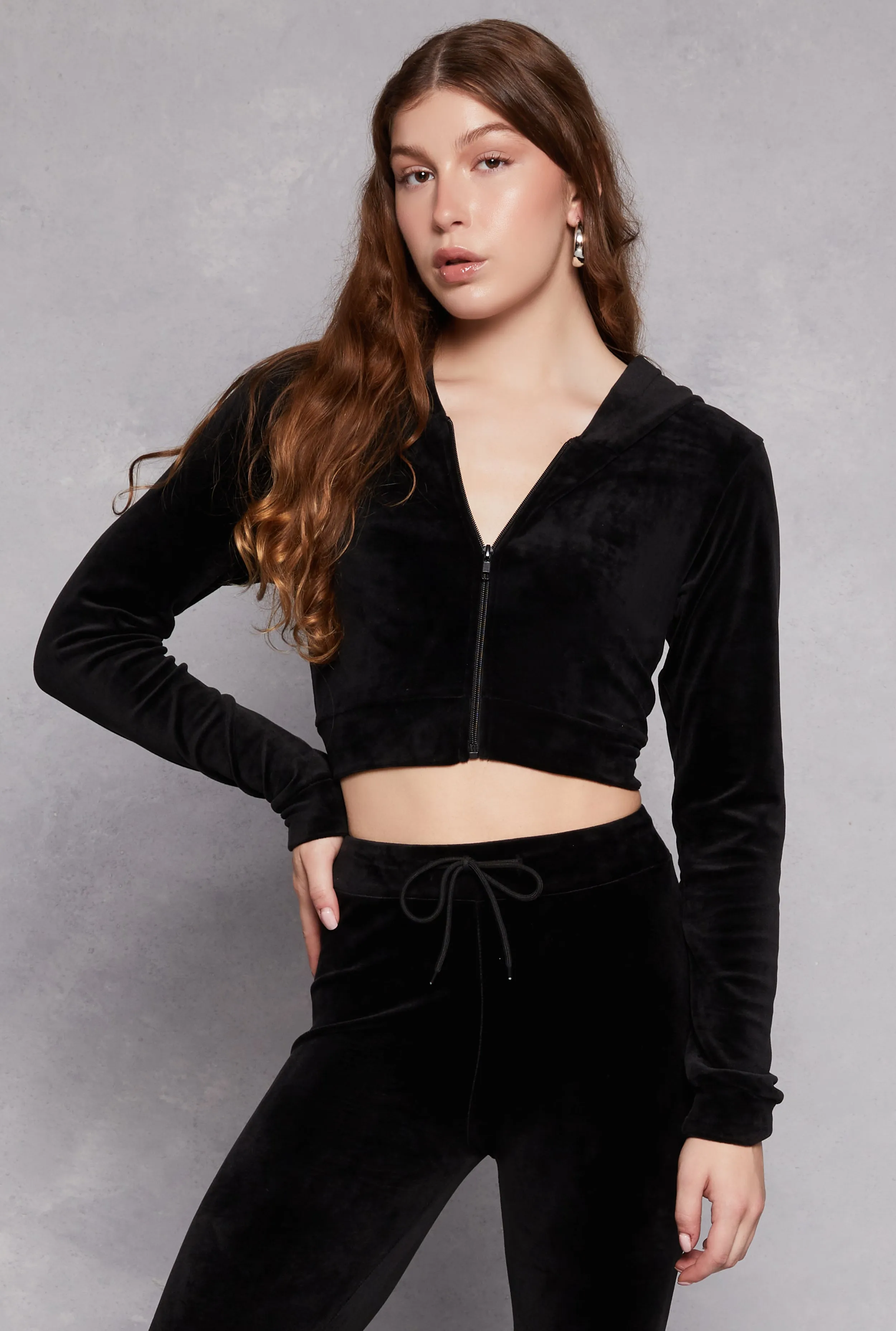 Velour Front Zip Cropped Hoodie sold by Rainbow