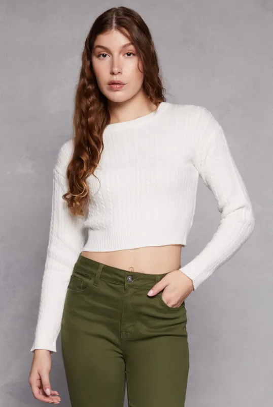 Cable Knit Crew Neck Cropped Sweater sold by Rainbow