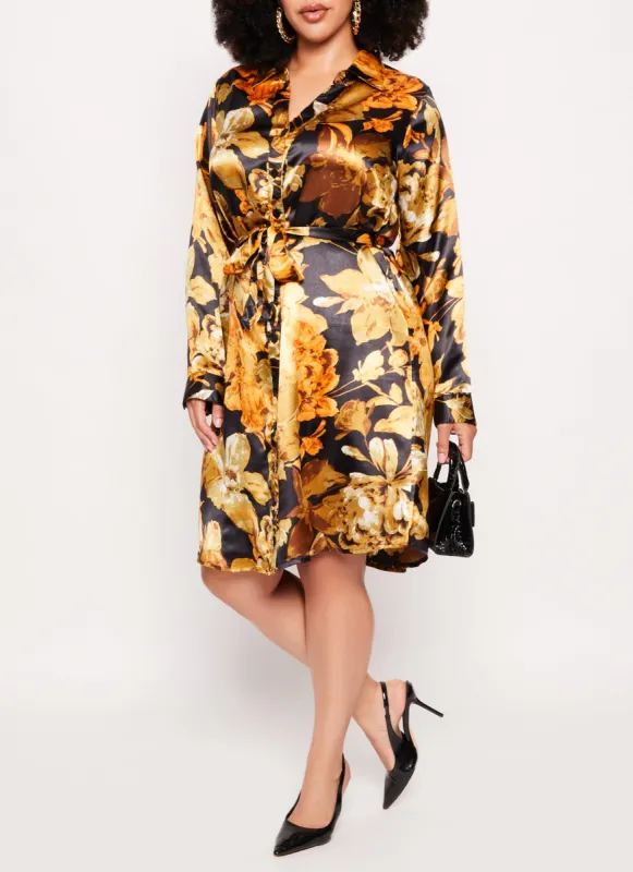 Plus Size Satin Floral Print Shirt Dress sold by Rainbow