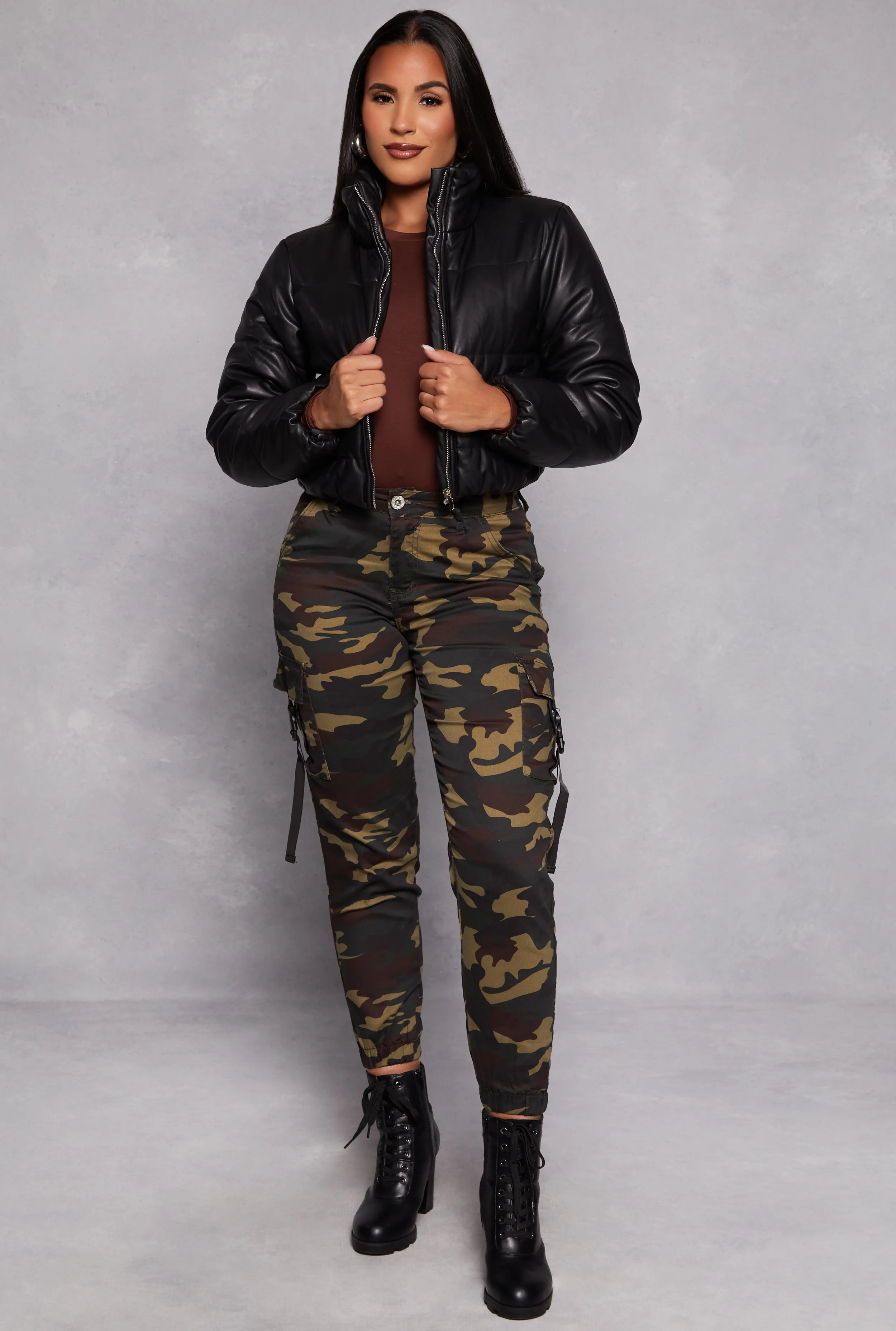 Faux Leather Funnel Neck Puffer Jacket sold by Rainbow product image thumbnail 2