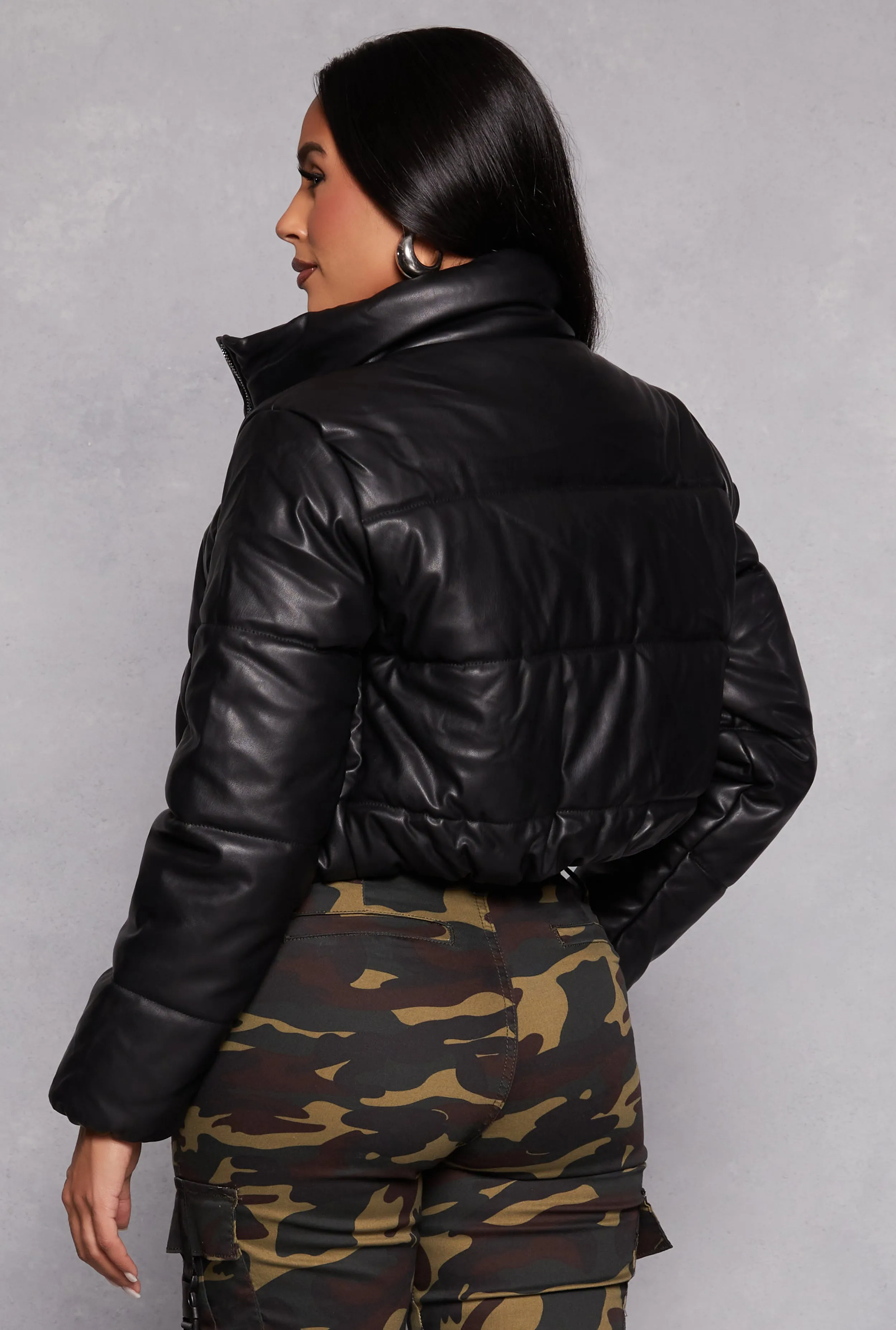 Faux Leather Funnel Neck Puffer Jacket sold by Rainbow product image thumbnail 3