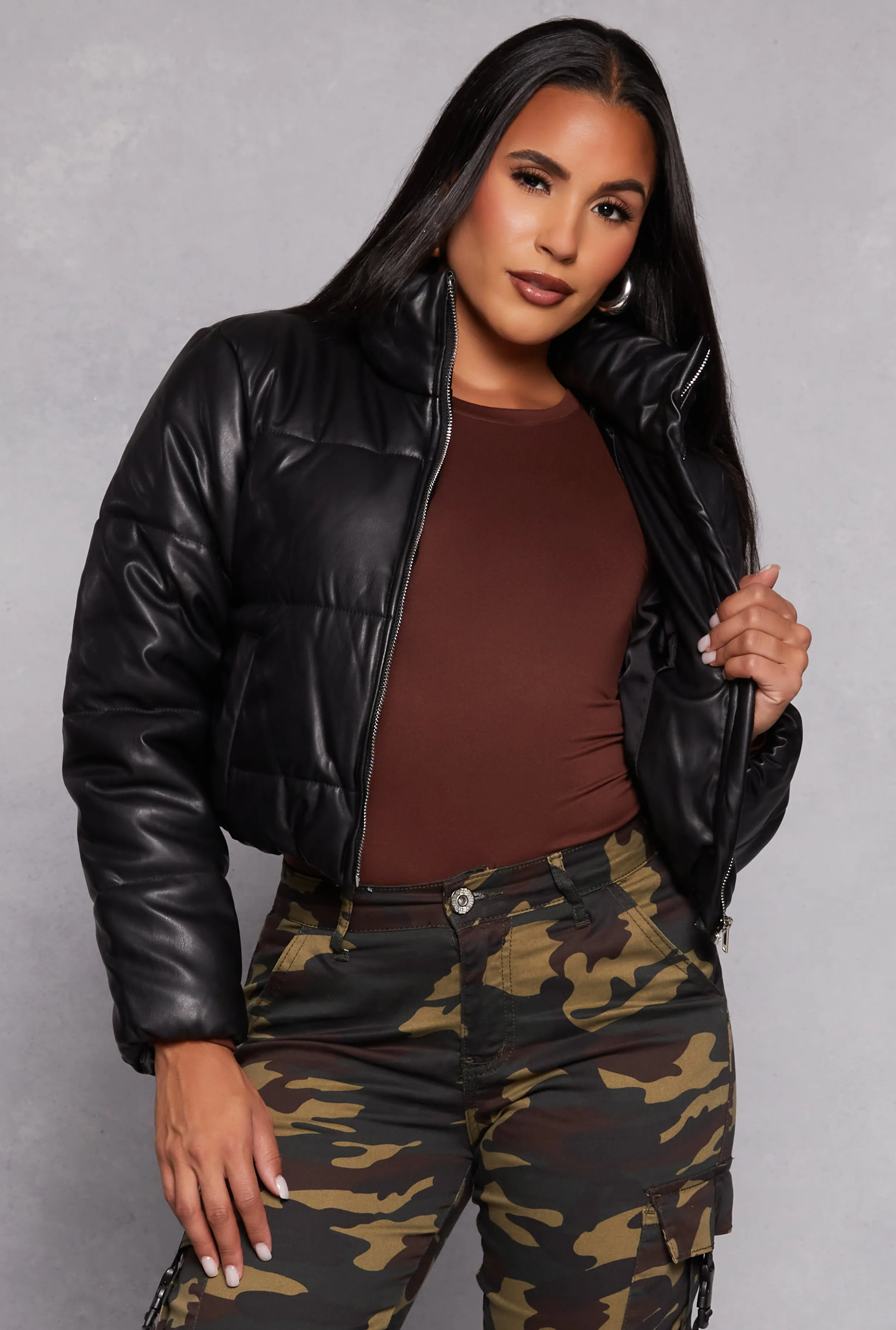 Faux Leather Funnel Neck Puffer Jacket sold by Rainbow