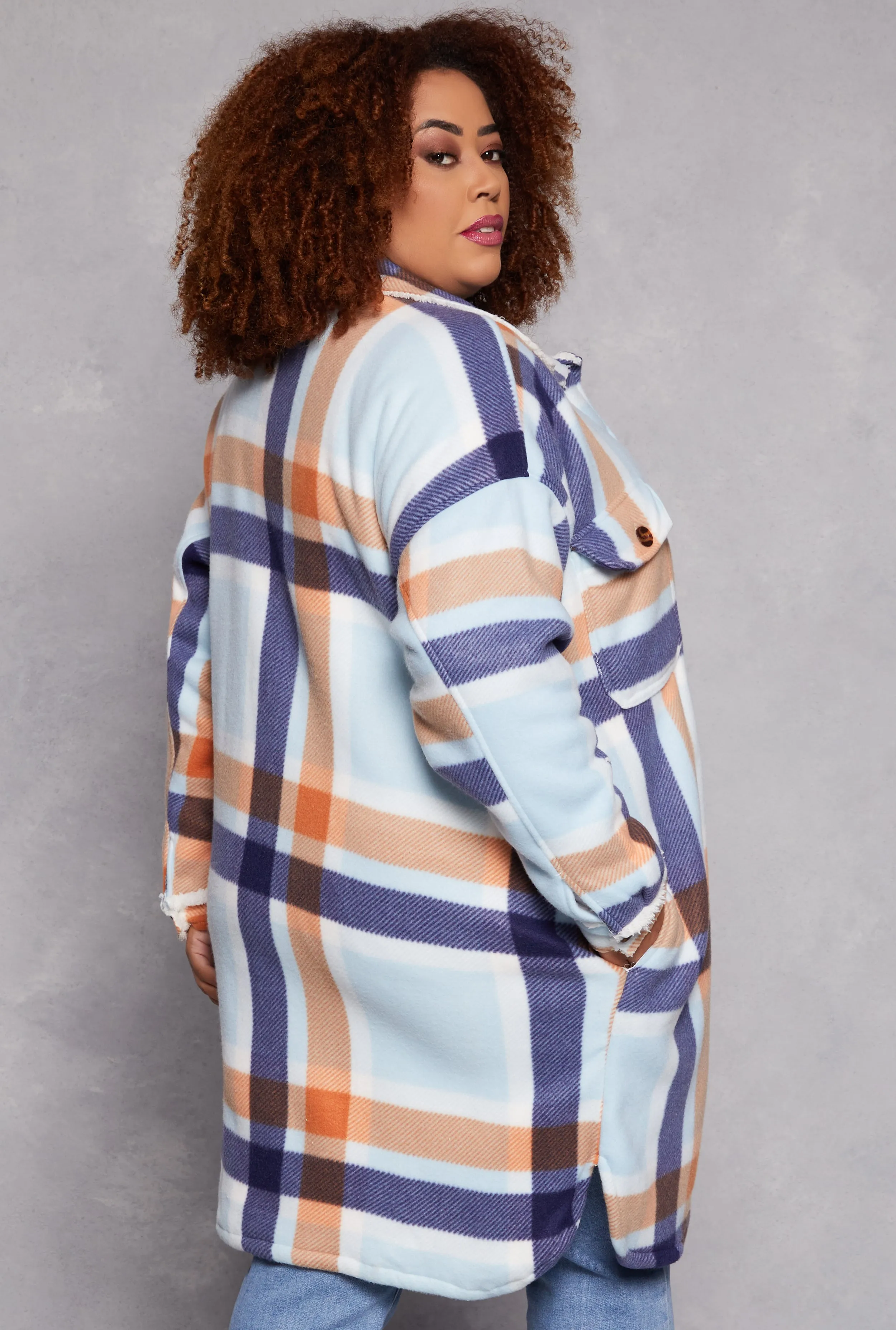 Plus Size Plaid Sherpa Lined Button Front Shacket sold by Rainbow product image thumbnail 3