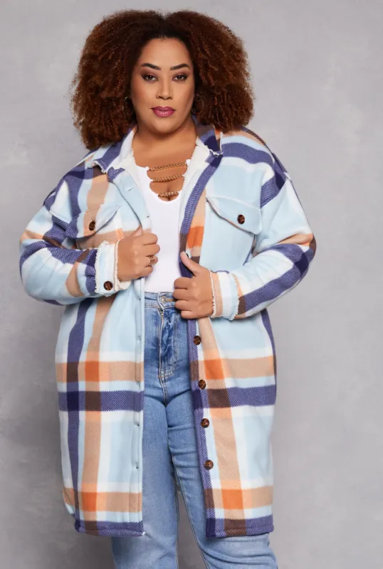 Plus Size Plaid Sherpa Lined Button Front Shacket sold by Rainbow