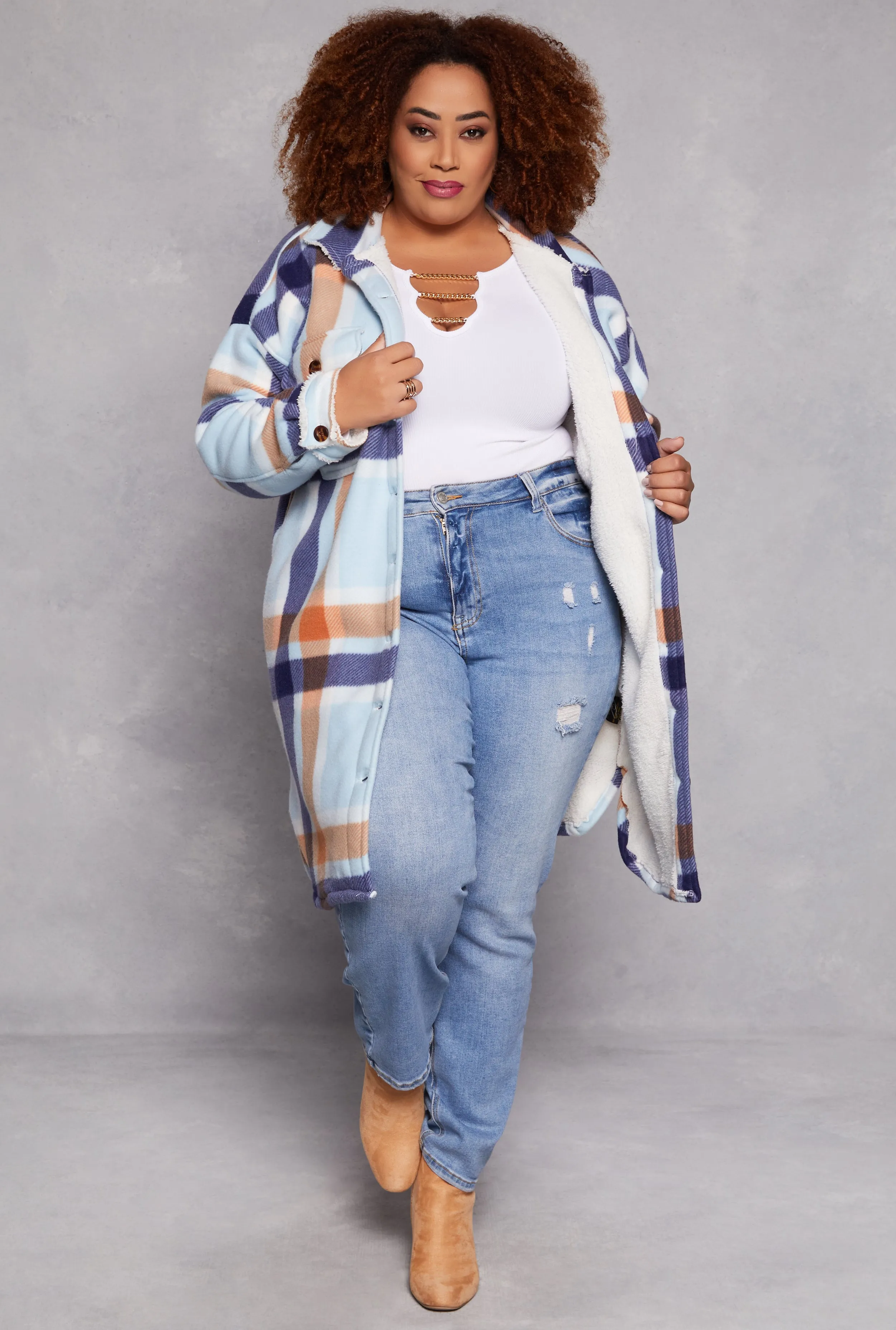 Plus Size Plaid Sherpa Lined Button Front Shacket sold by Rainbow product image thumbnail 2