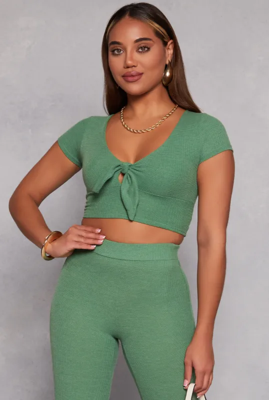 Waffle Knit Tie Front Crop Top sold by Rainbow