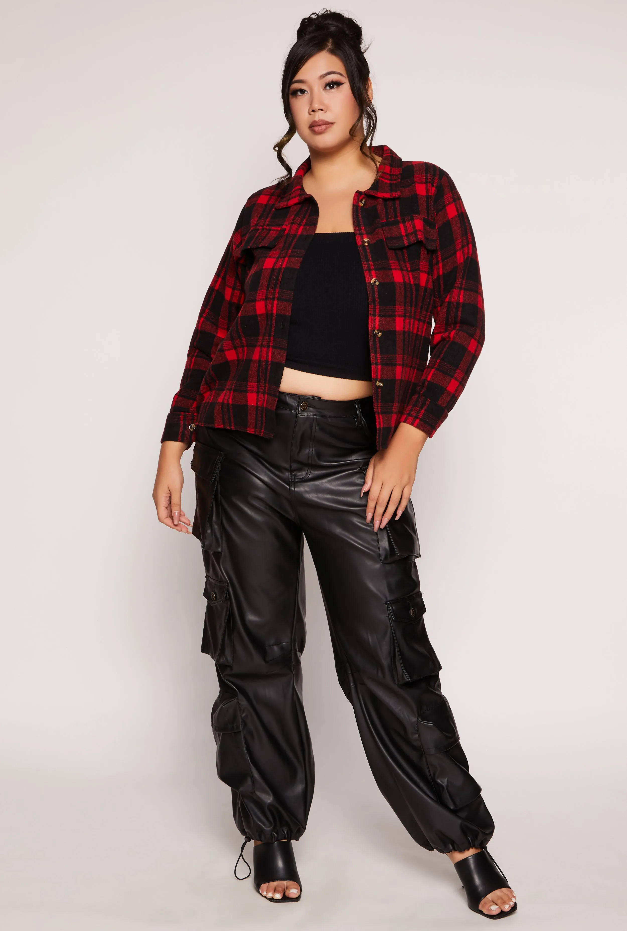 Plus Size Plaid Flap Detail Flannel Shacket sold by Rainbow