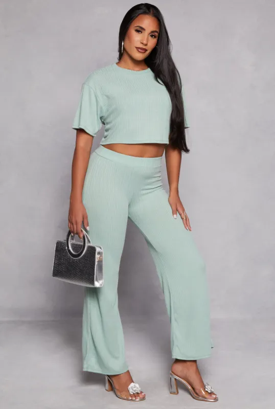 Ribbed Knit High Waist Wide Leg Pants sold by Rainbow