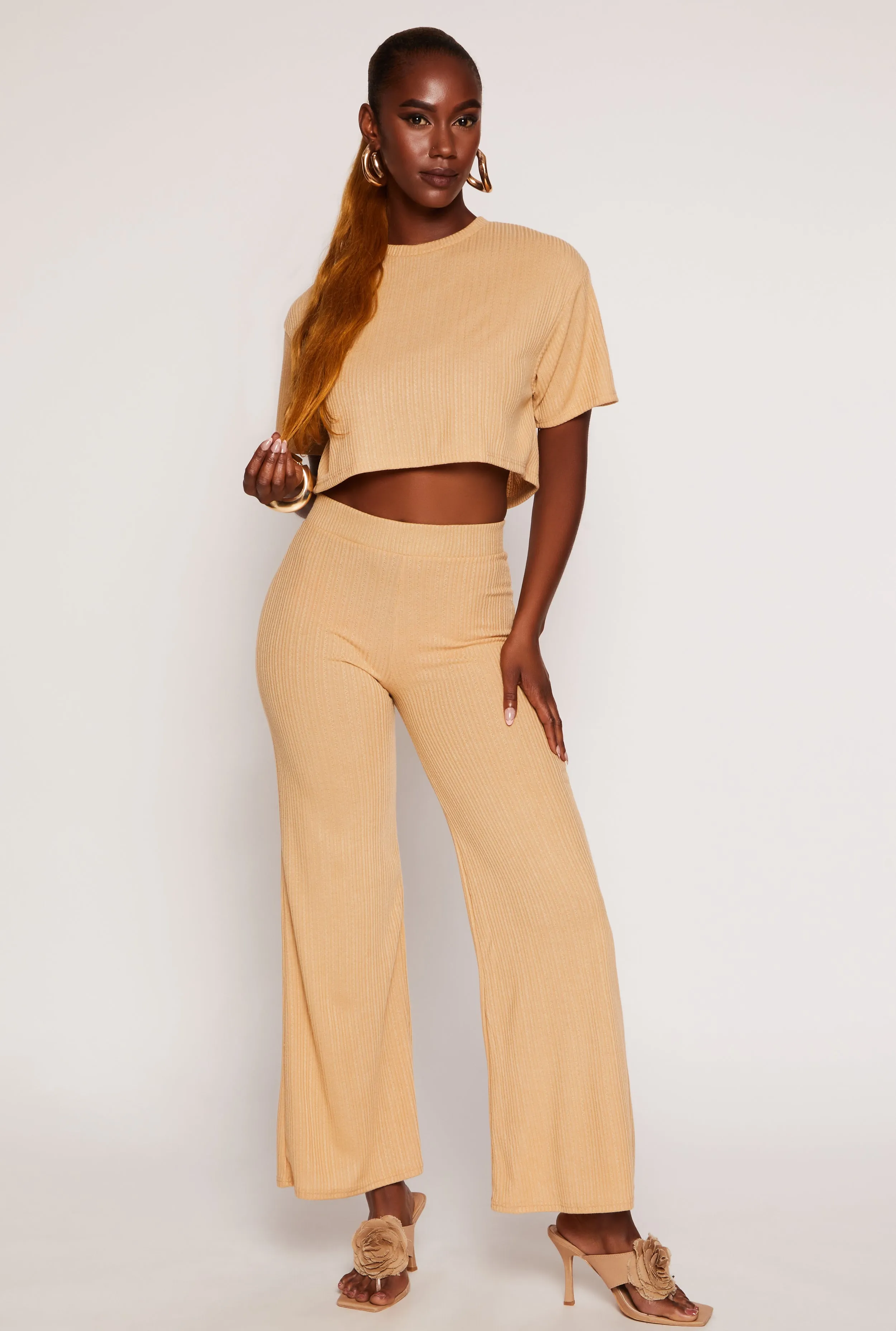 Ribbed Knit High Waist Wide Leg Pants sold by Rainbow