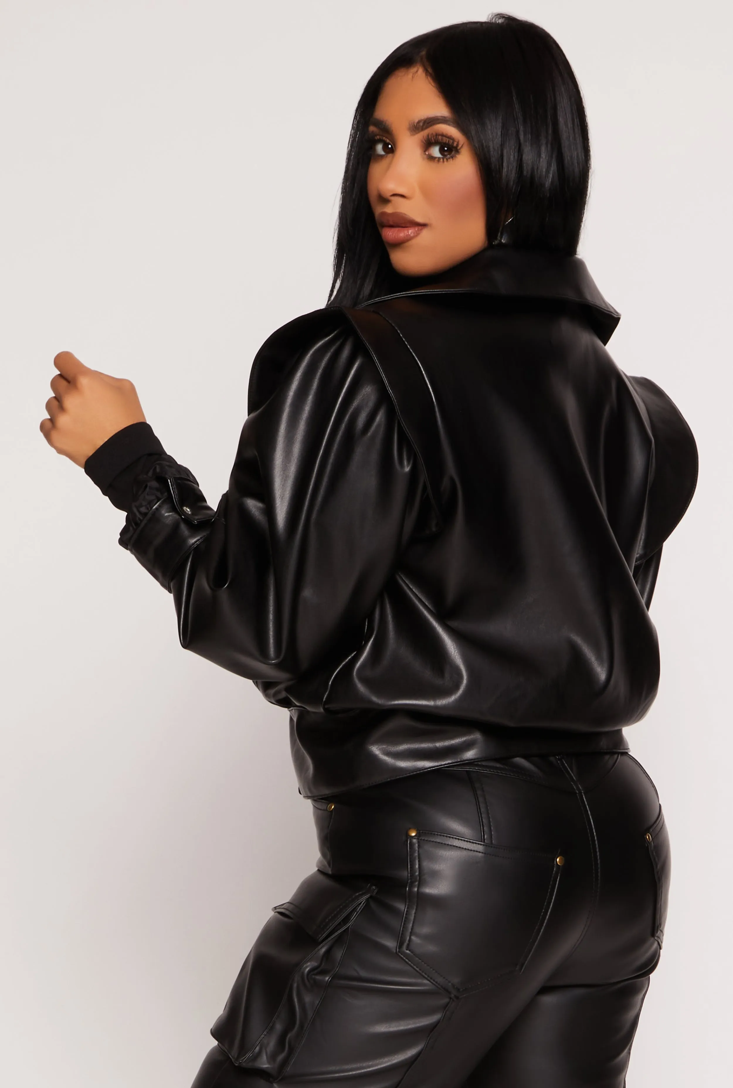 Faux Leather Puff Sleeve Cropped Jacket sold by Rainbow product image thumbnail 3