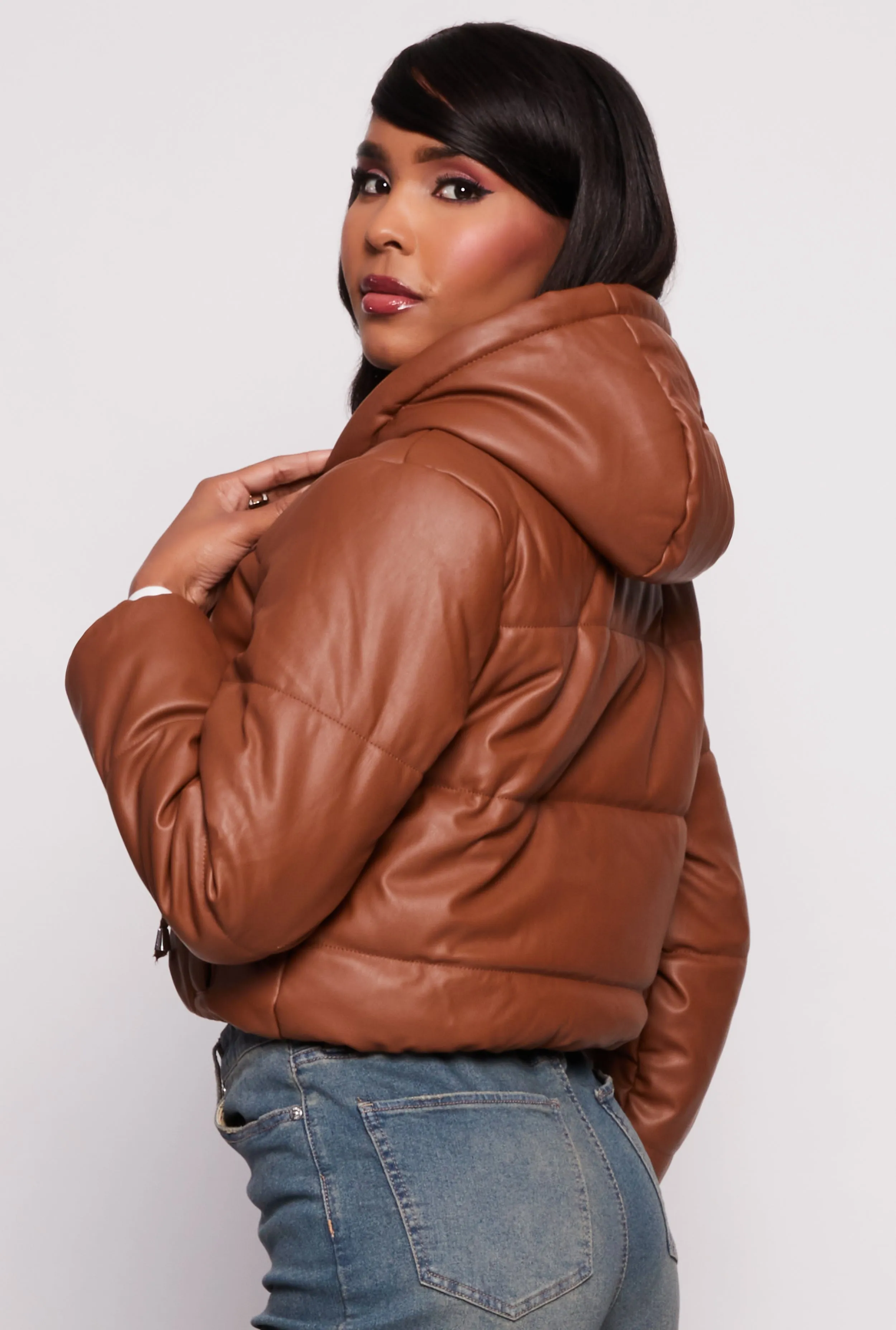 Faux Leather Zip Front Hooded Puffer Jacket sold by Rainbow product image thumbnail 3