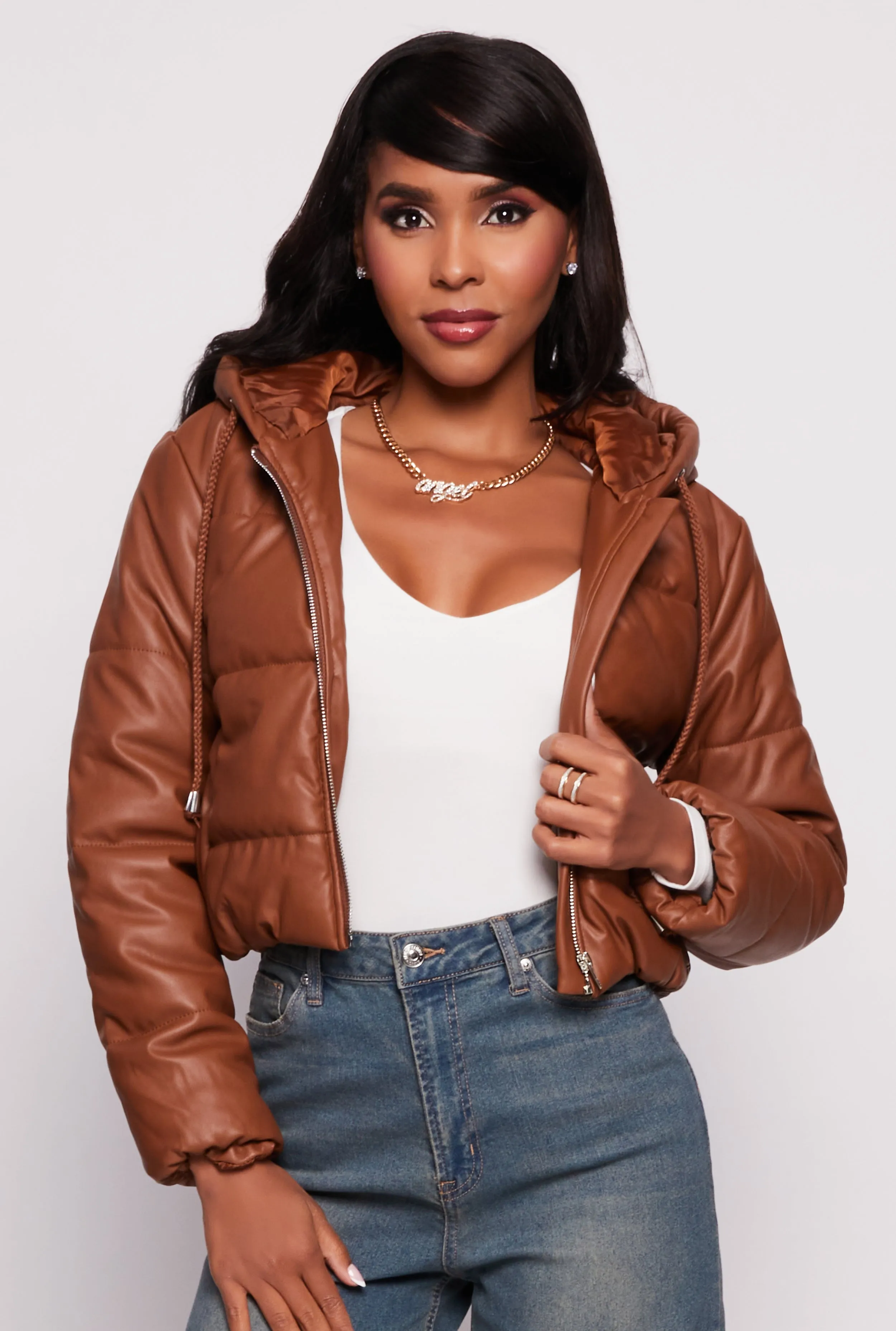 Faux Leather Zip Front Hooded Puffer Jacket sold by Rainbow