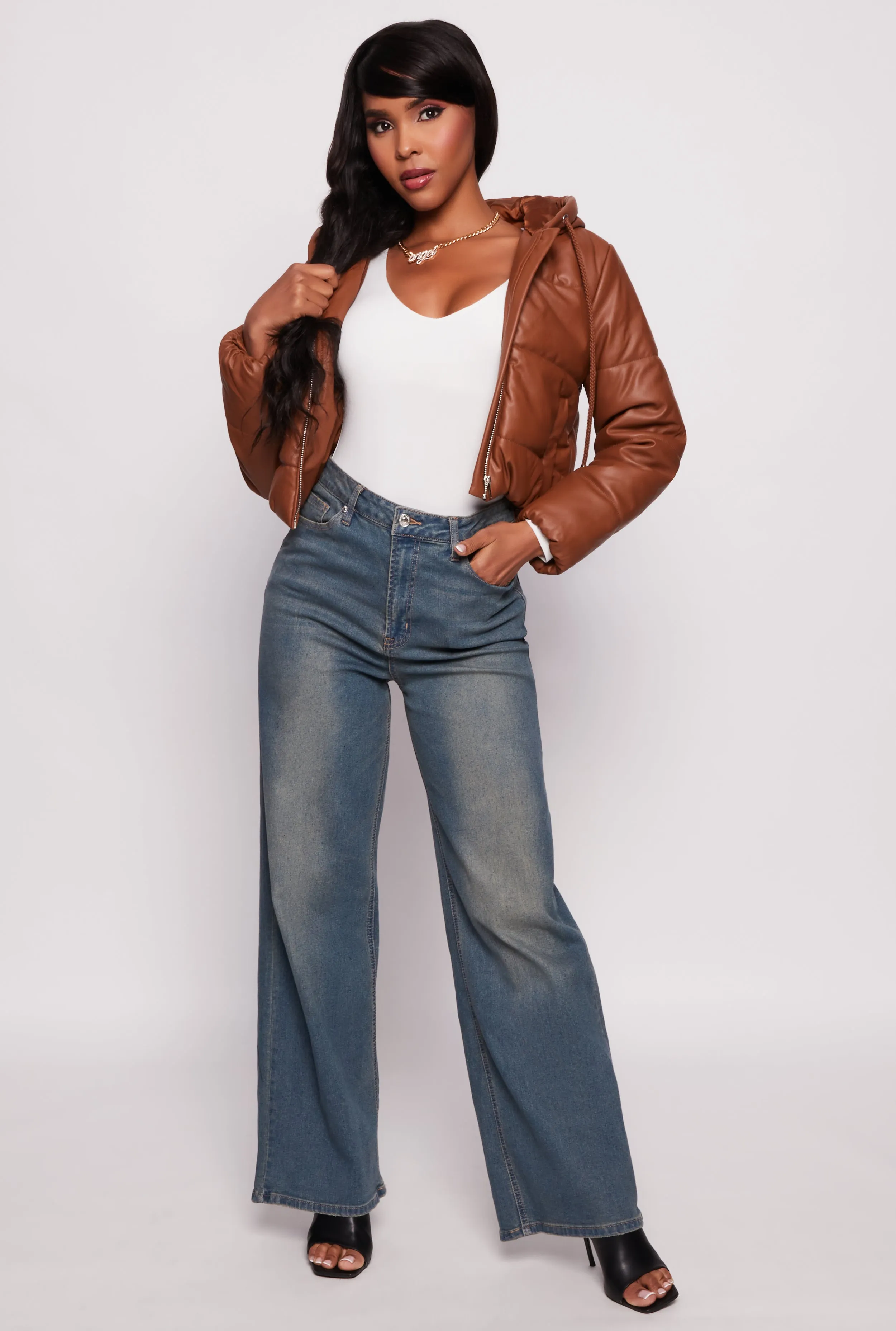 Faux Leather Zip Front Hooded Puffer Jacket sold by Rainbow product image thumbnail 2