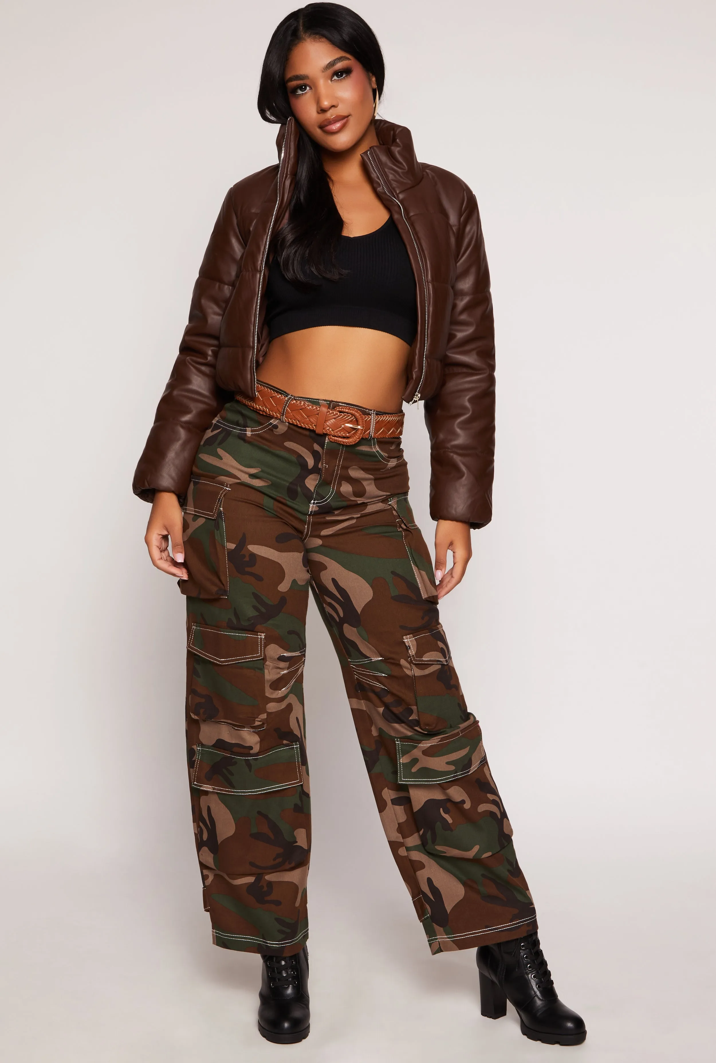 Faux Leather Funnel Neck Puffer Jacket sold by Rainbow product image thumbnail 2