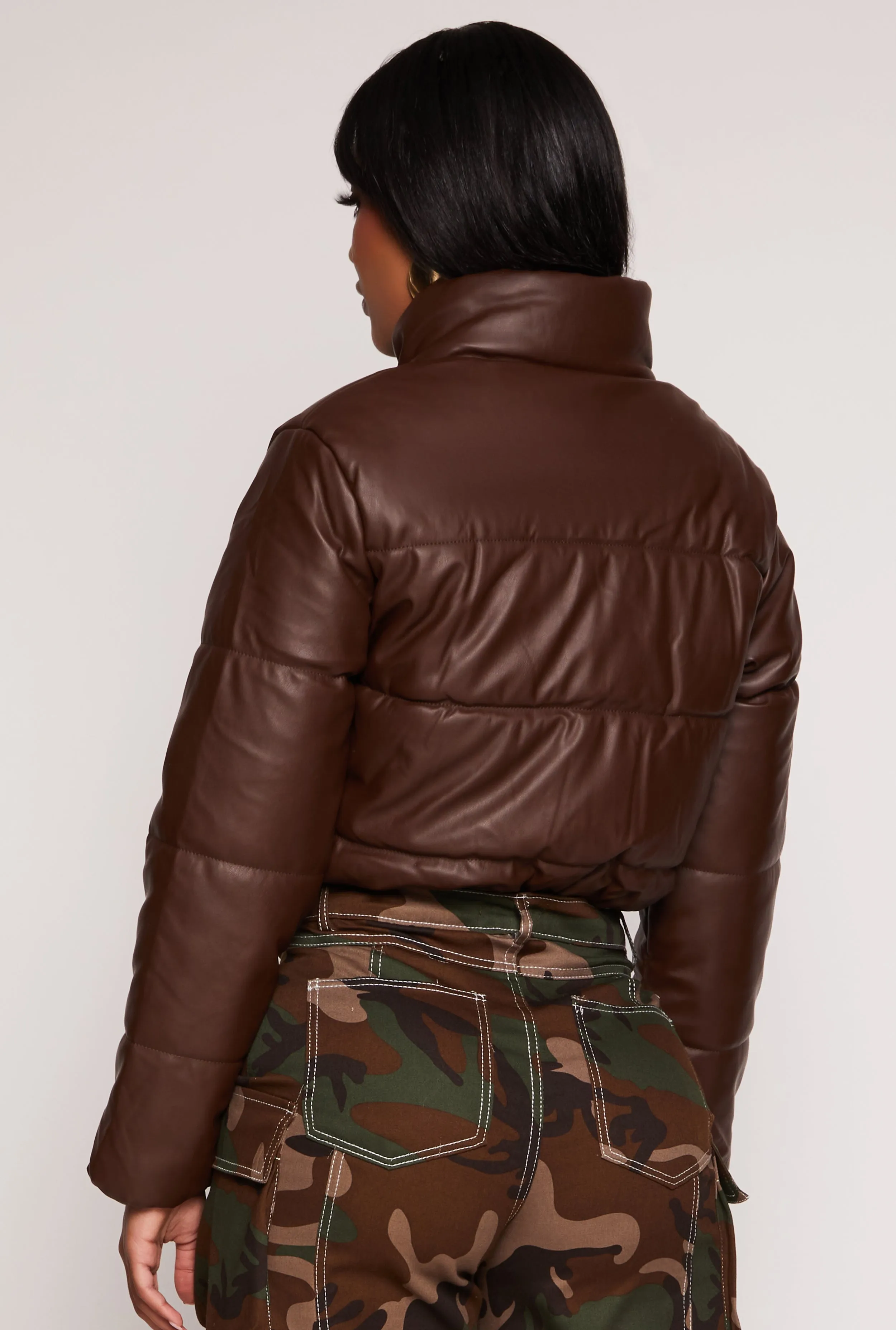 Faux Leather Funnel Neck Puffer Jacket sold by Rainbow product image thumbnail 3