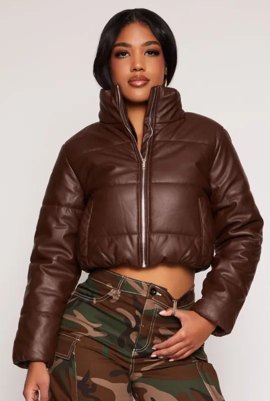 Faux Leather Funnel Neck Puffer Jacket sold by Rainbow