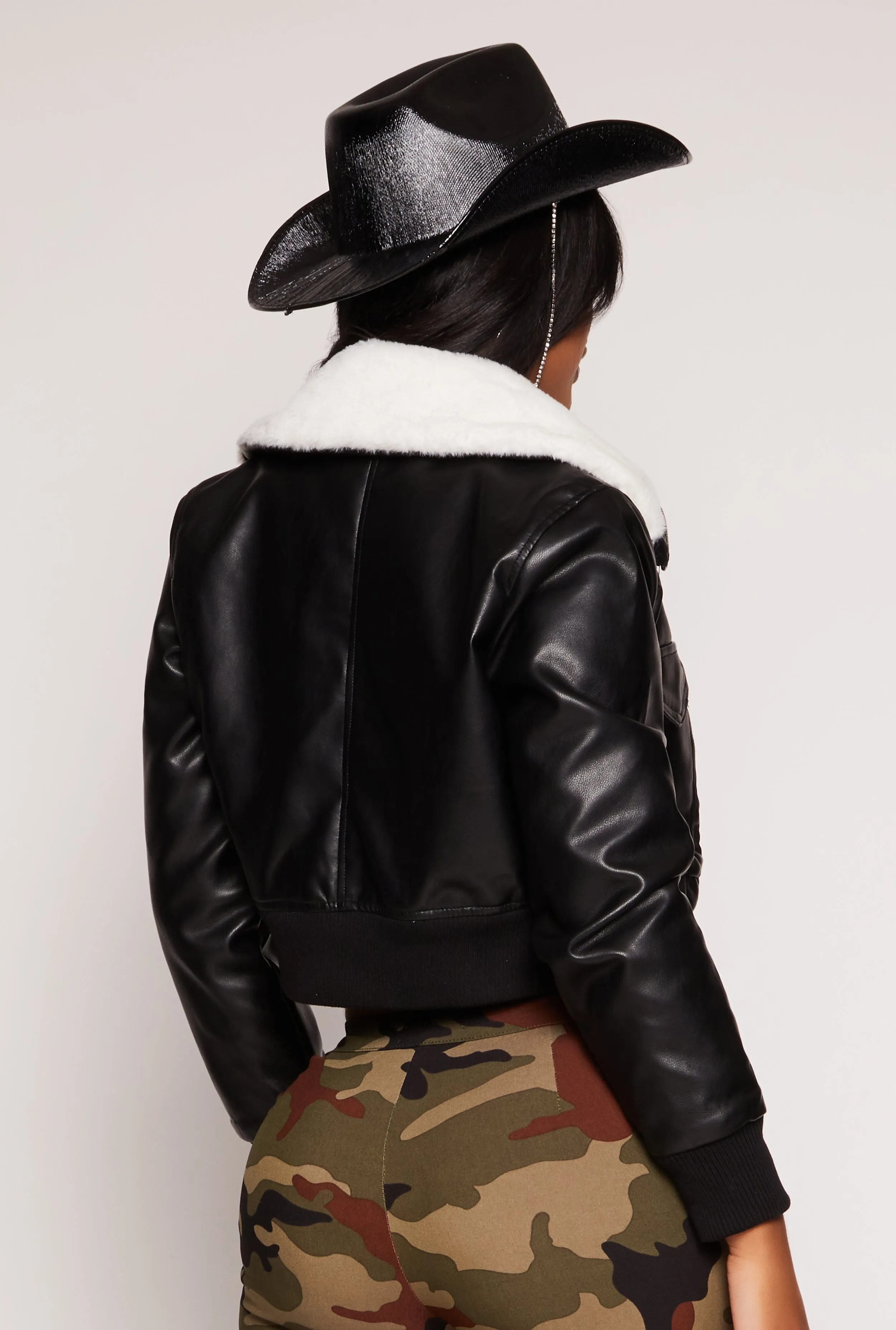 Faux Leather Collared Bomber Jacket sold by Rainbow product image thumbnail 3