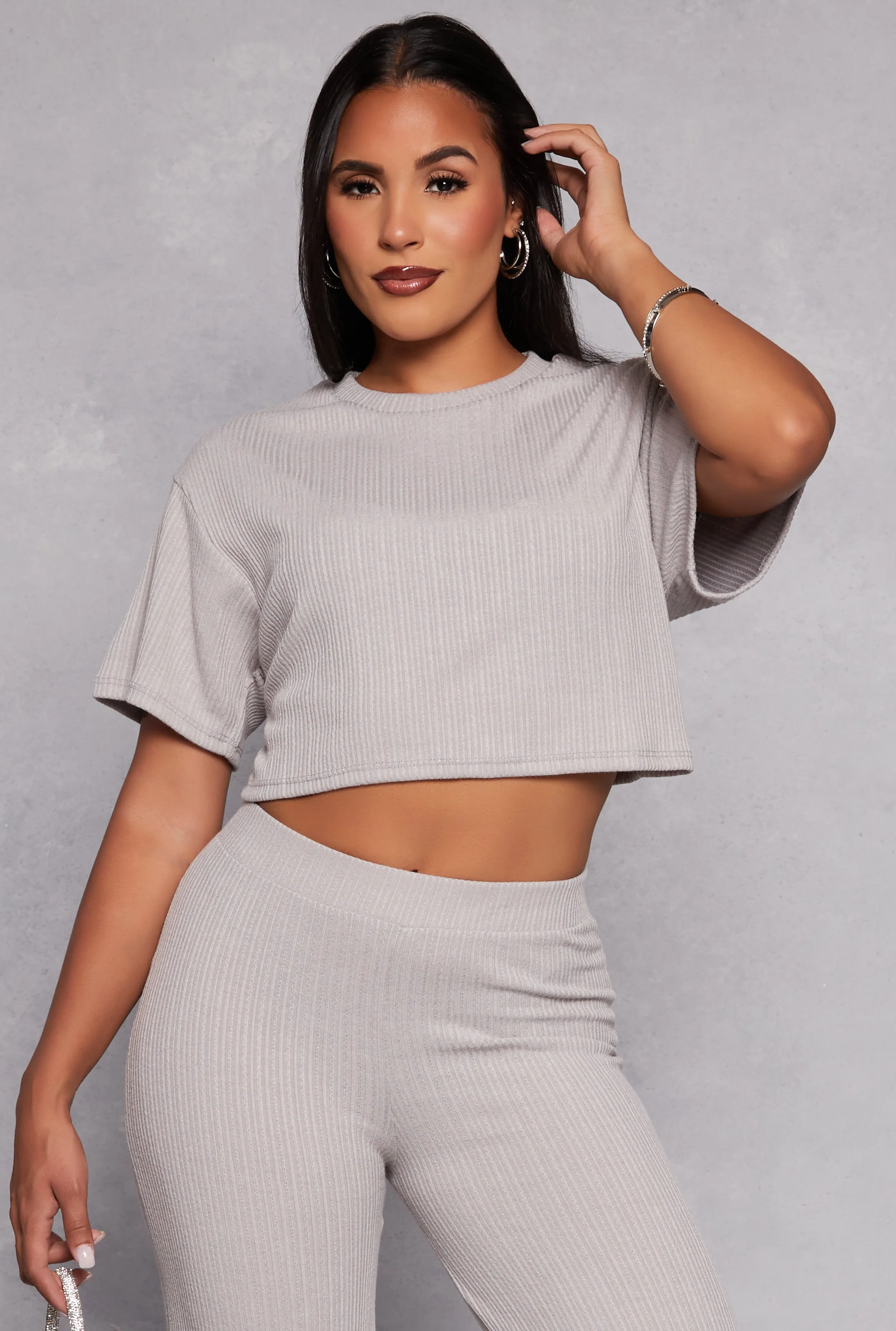 Ribbed Knit Crew Neck Cropped Tee sold by Rainbow