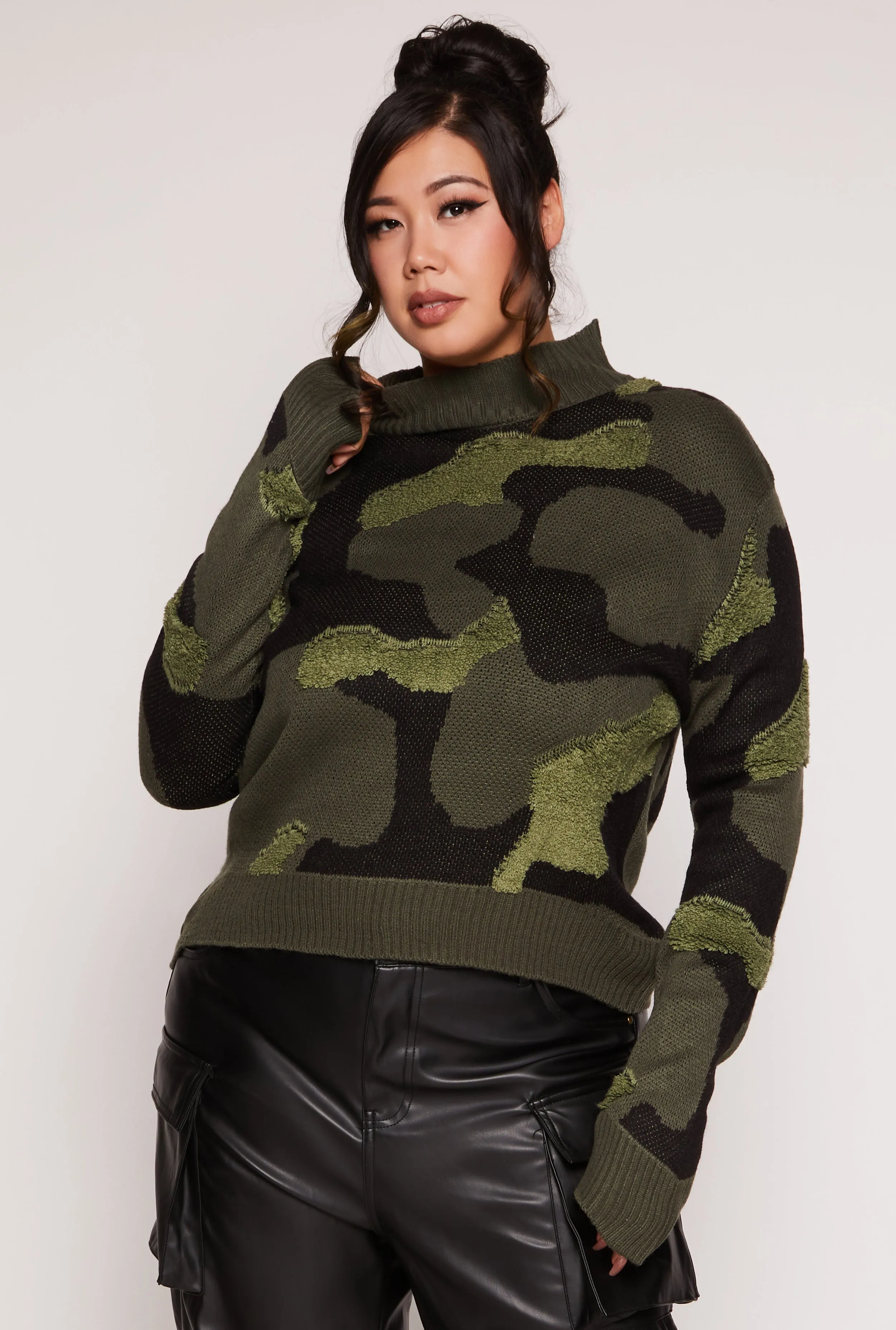 Plus Size Camo Boucle Detail Pullover Sweater sold by Rainbow