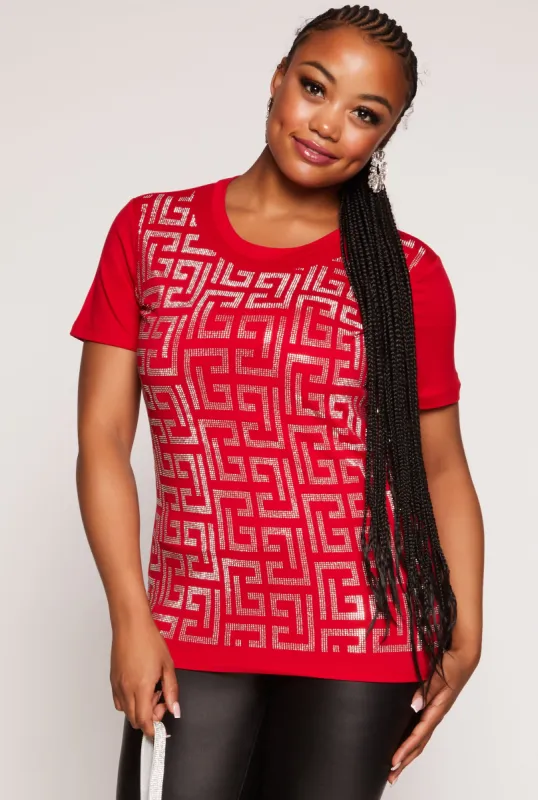Plus Size Geometric Rhinestone Short Sleeve Top sold by Rainbow