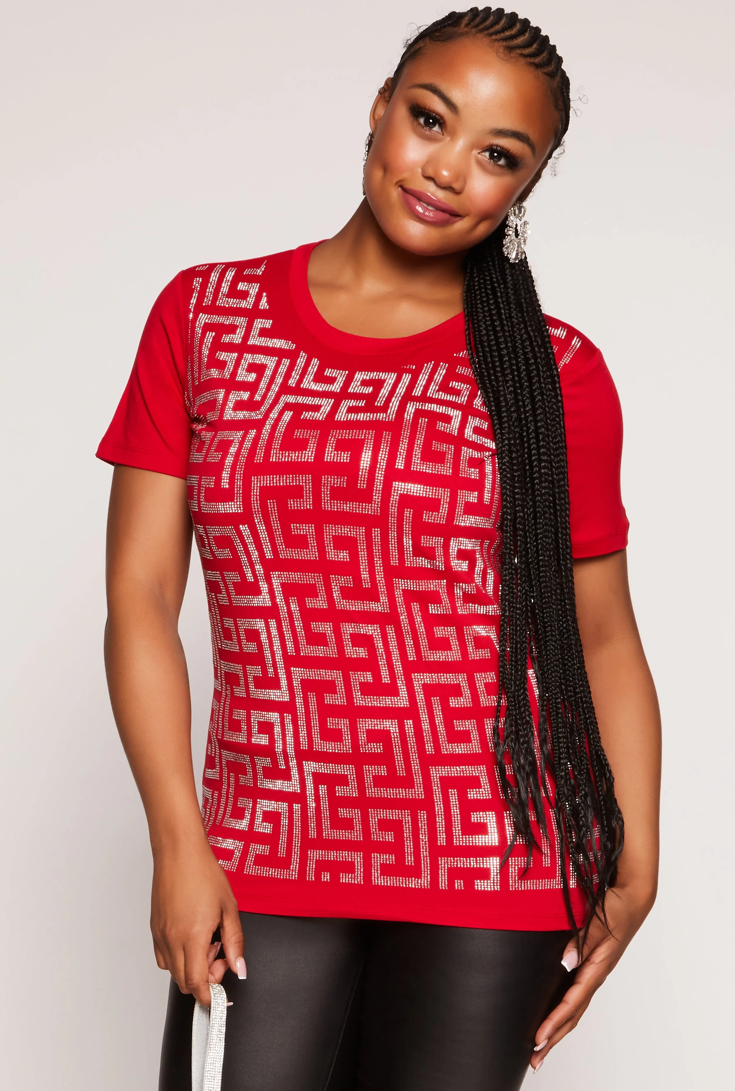 Plus Size Geometric Rhinestone Short Sleeve Top sold by Rainbow