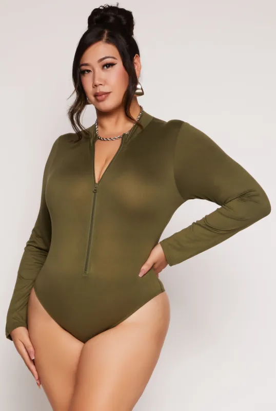 Plus Size Zip Front Mock Neck Bodysuit sold by Rainbow