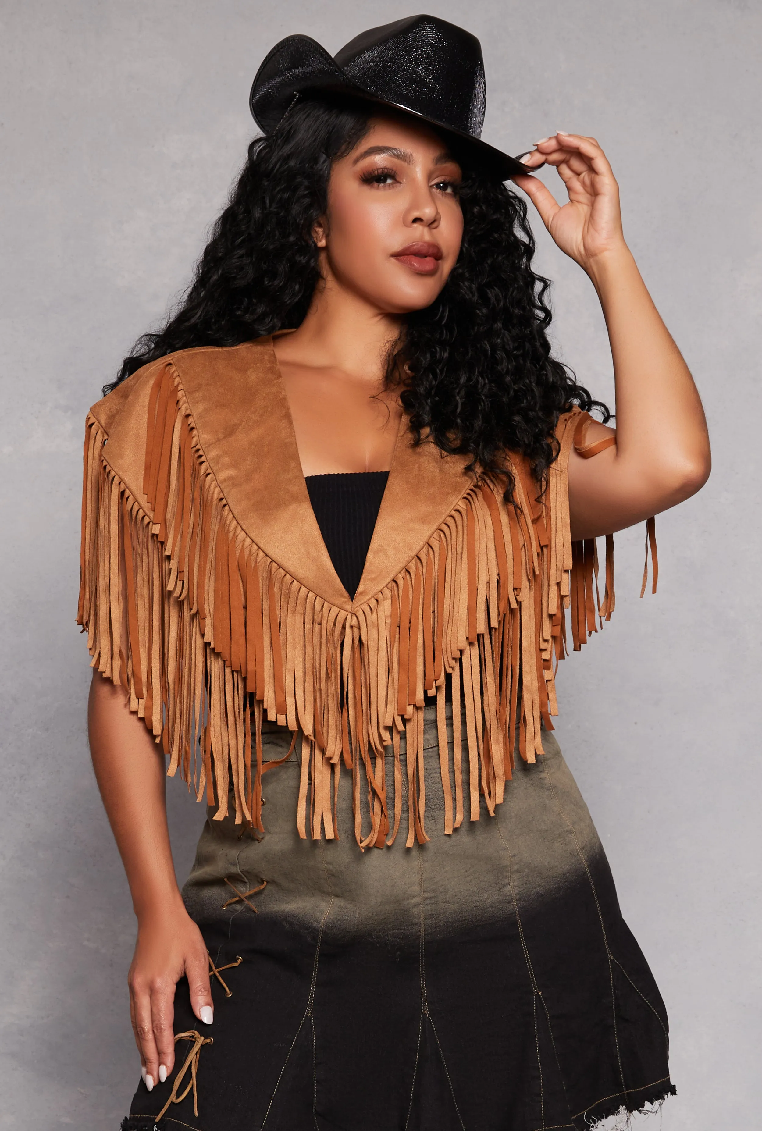 Plus Size Faux Suede Fringe Bolero Vest sold by Rainbow