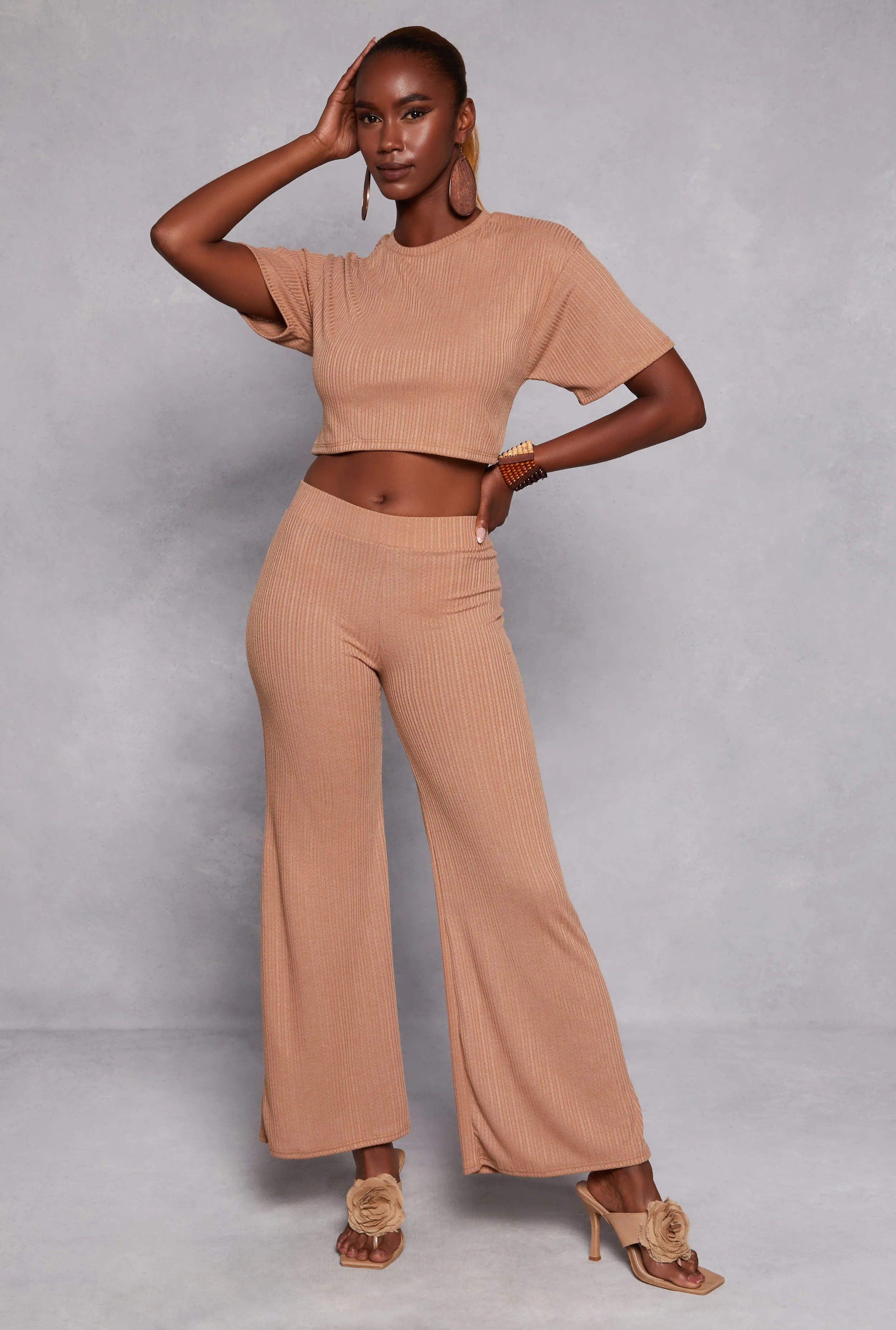 Ribbed Knit High Waist Wide Leg Pants sold by Rainbow
